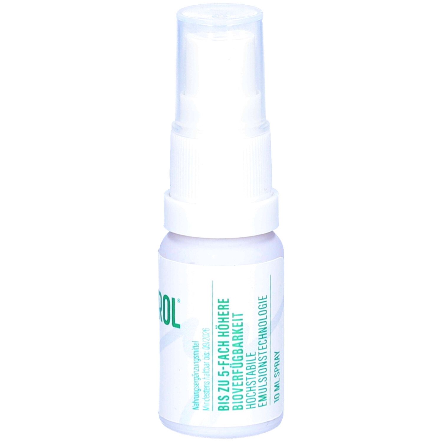 Weißer Sprayflakon mit Sprühkopf. Aufschrift: my CONTROL, 10 ml Spray. Rückseite mit Text.