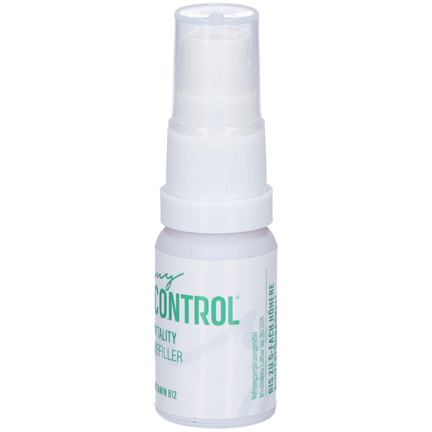 Weißer Sprayflakon mit Sprühkopf. Aufschrift: my CONTROL, Vitality Refiller, Vitamin B12. Rückseite mit Text.