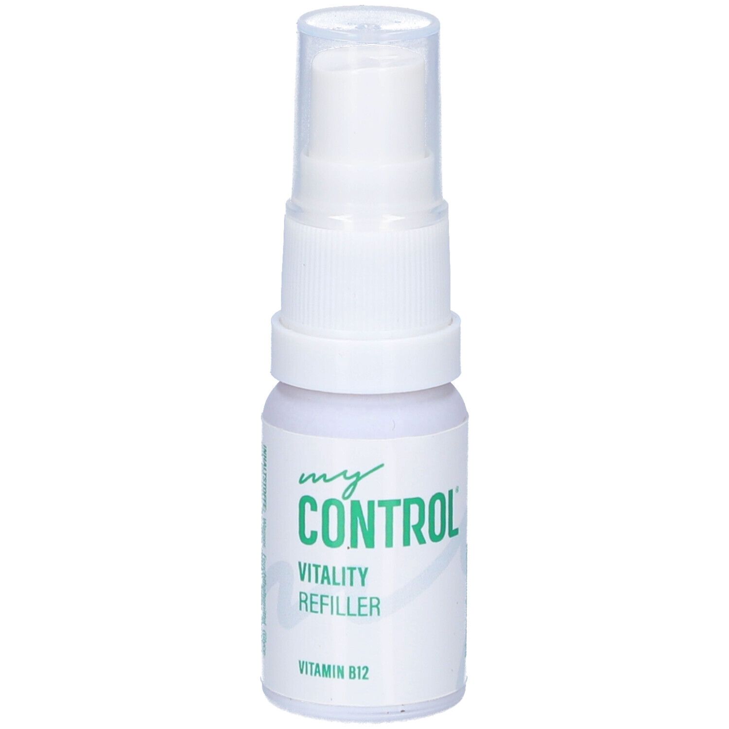 Weißer Sprayflakon mit Sprühkopf. Aufschrift: my CONTROL, Vitality Refiller, Vitamin B12.