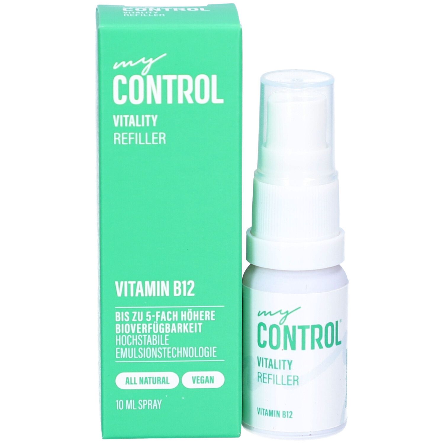 Produktverpackung und Sprayflakon. Aufschrift: my CONTROL, Vitality Refiller, Vitamin B12, 10 ml Spray.