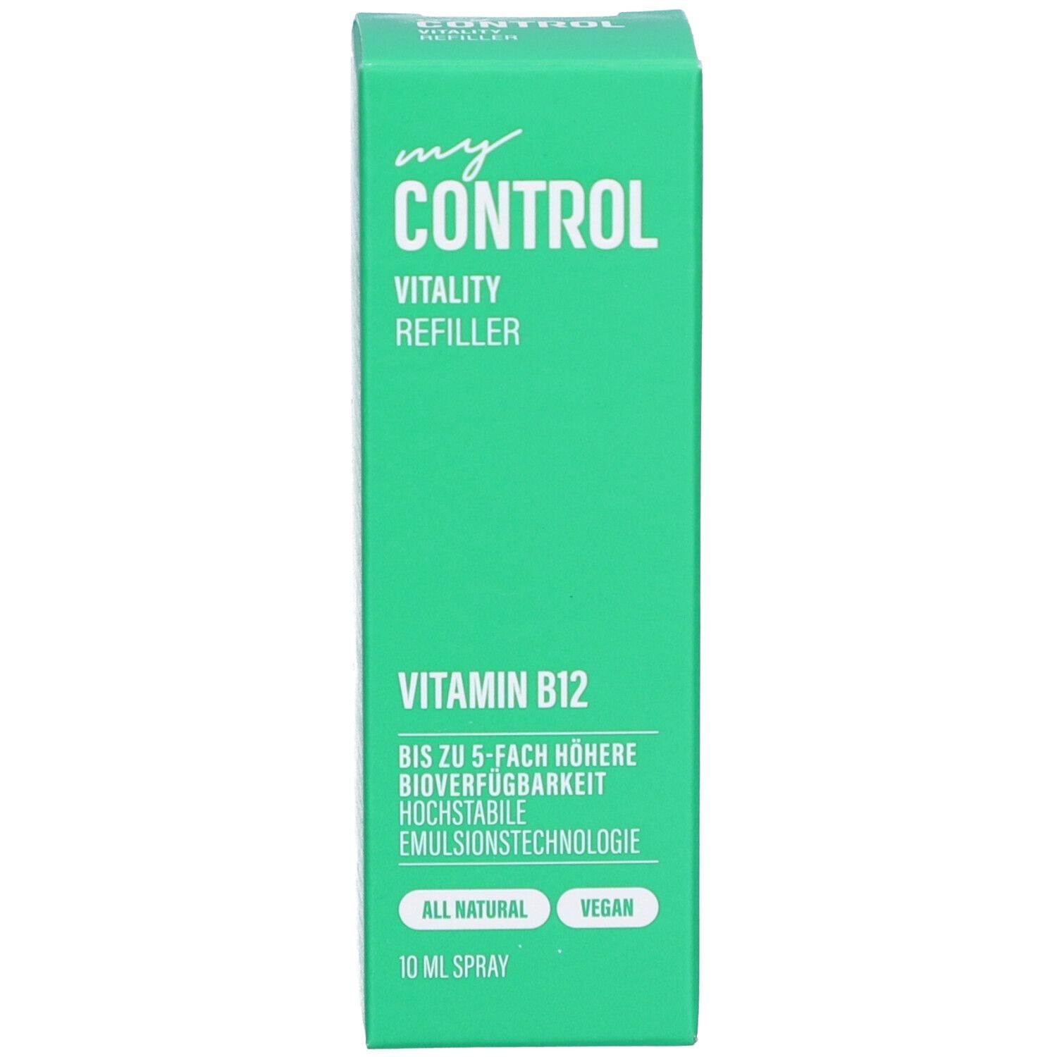 Grüne Produktverpackung. Aufschrift: my CONTROL, Vitality Refiller, Vitamin B12, 10 ml Spray.