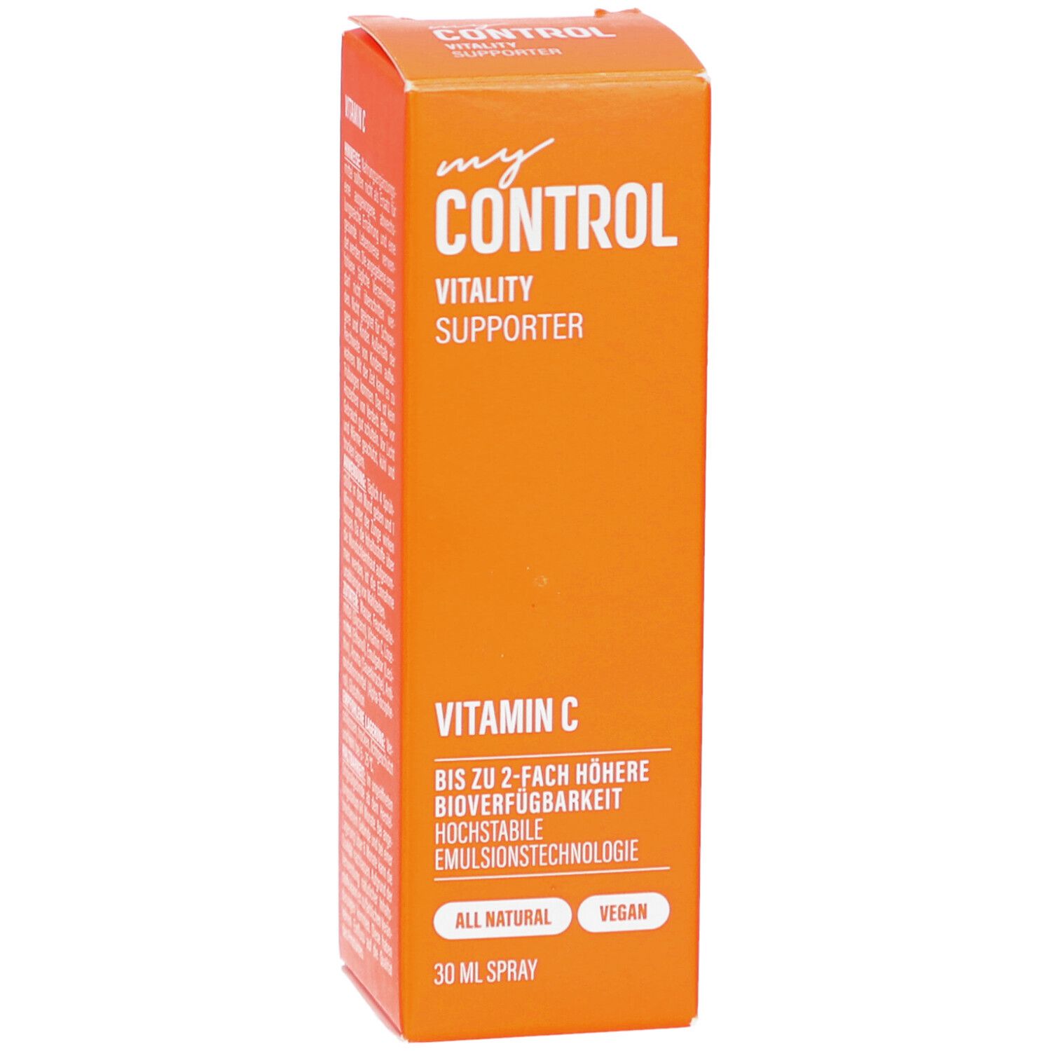 Schmale, orangefarbene Schachtel mit weißem "my CONTROL"-Logo und "Vitality Supporter". "Vitamin C" und weitere Produktinformationen.