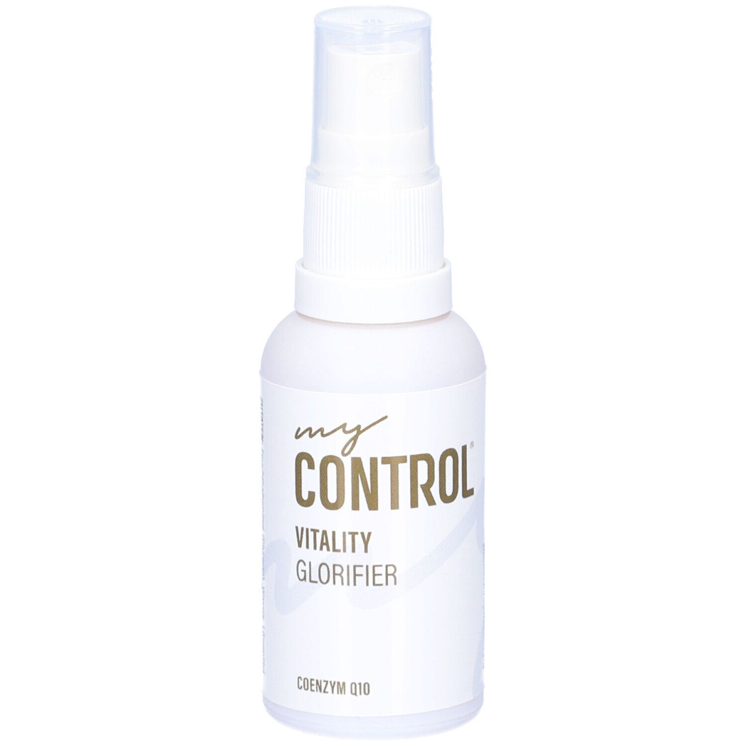 Weiße Sprühflasche mit goldfarbenem Schriftzug "my CONTROL". Beschriftung: "VITALITY GLORIFIER", "COENZYM Q10".