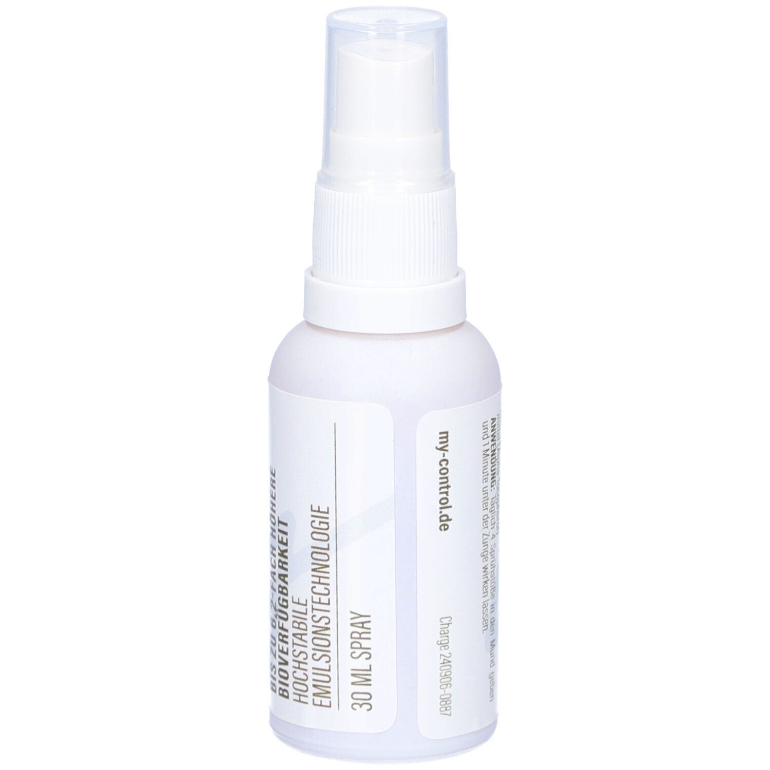 Weiße Sprühflasche mit Text. Aufschrift: "30 ML SPRAY", "BIOVERFÜGBARKEIT", "EMULSIONSTECHNOLOGIE".