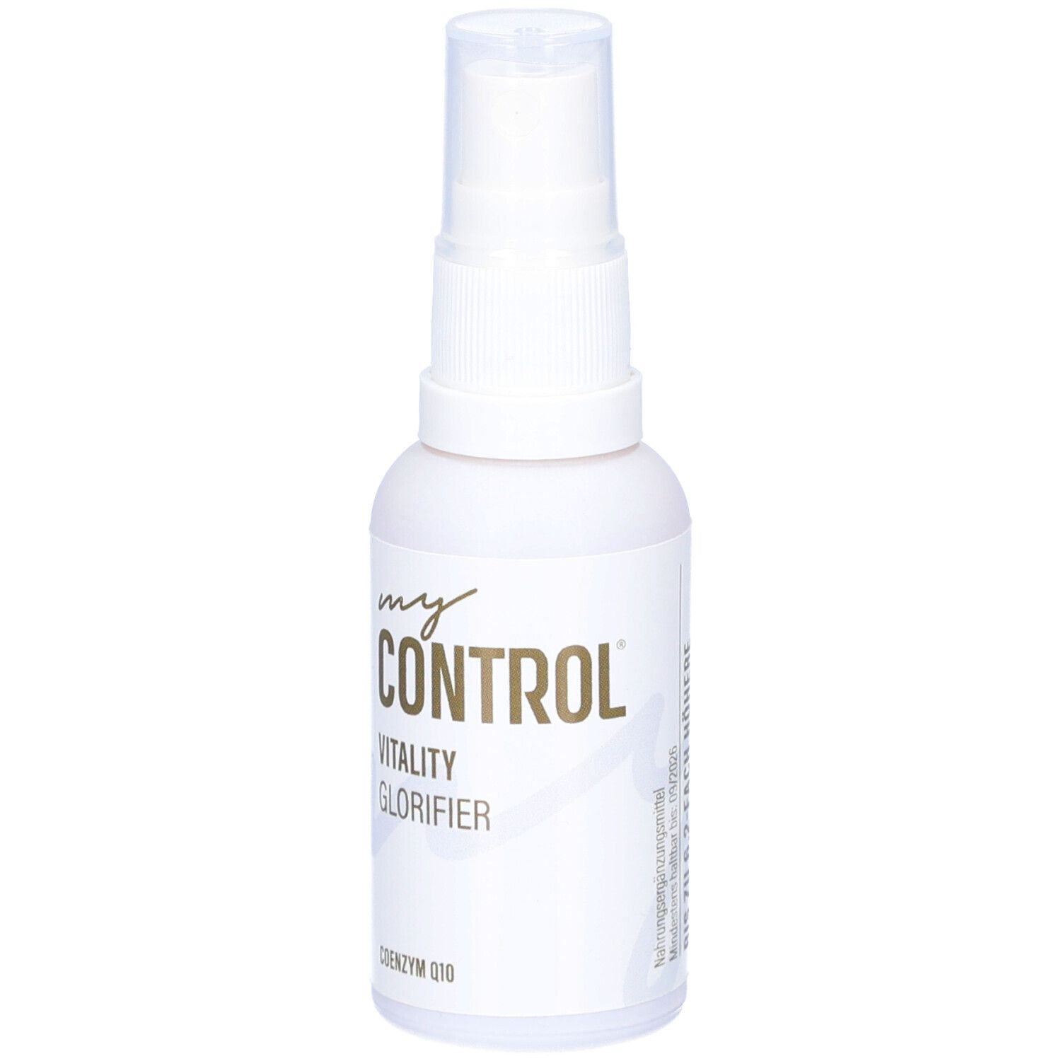 Weiße Sprühflasche mit goldfarbenem Schriftzug "my CONTROL". Beschriftung: "VITALITY GLORIFIER", "COENZYM Q10".