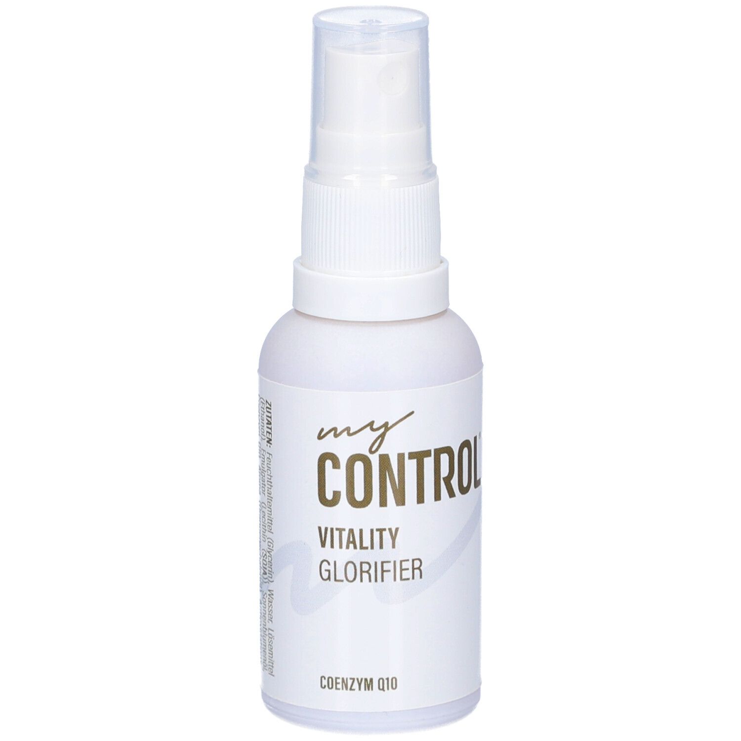 Weiße Sprühflasche mit goldfarbenem Schriftzug "my CONTROL". Beschriftung: "VITALITY GLORIFIER", "COENZYM Q10".
