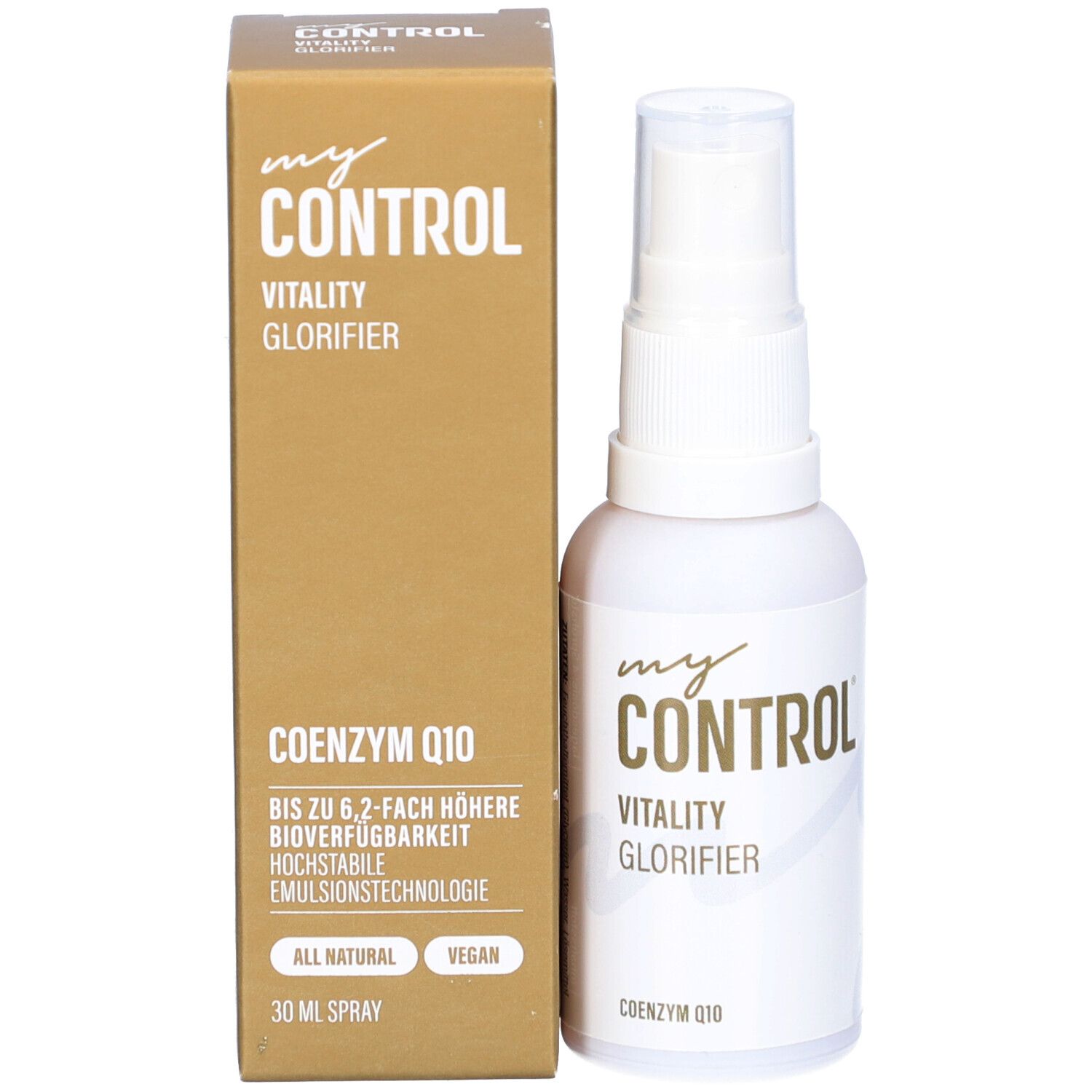 Produktverpackung und Sprühflasche. Aufschrift: "my CONTROL", "VITALITY GLORIFIER", "COENZYM Q10", "30 ML SPRAY".
