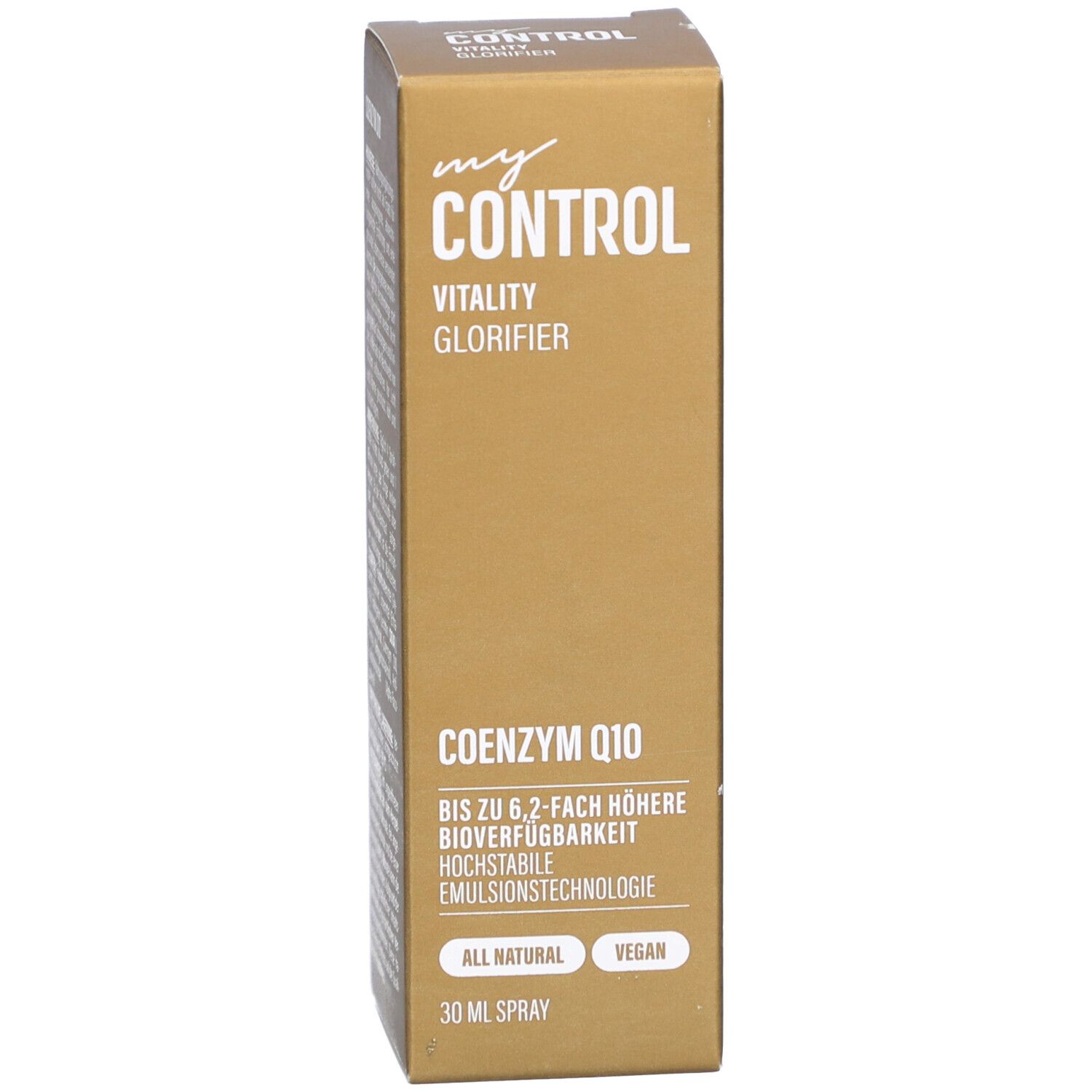 Produktverpackung. Aufschrift: "my CONTROL", "VITALITY GLORIFIER", "COENZYM Q10", "30 ML SPRAY", "VEGAN".