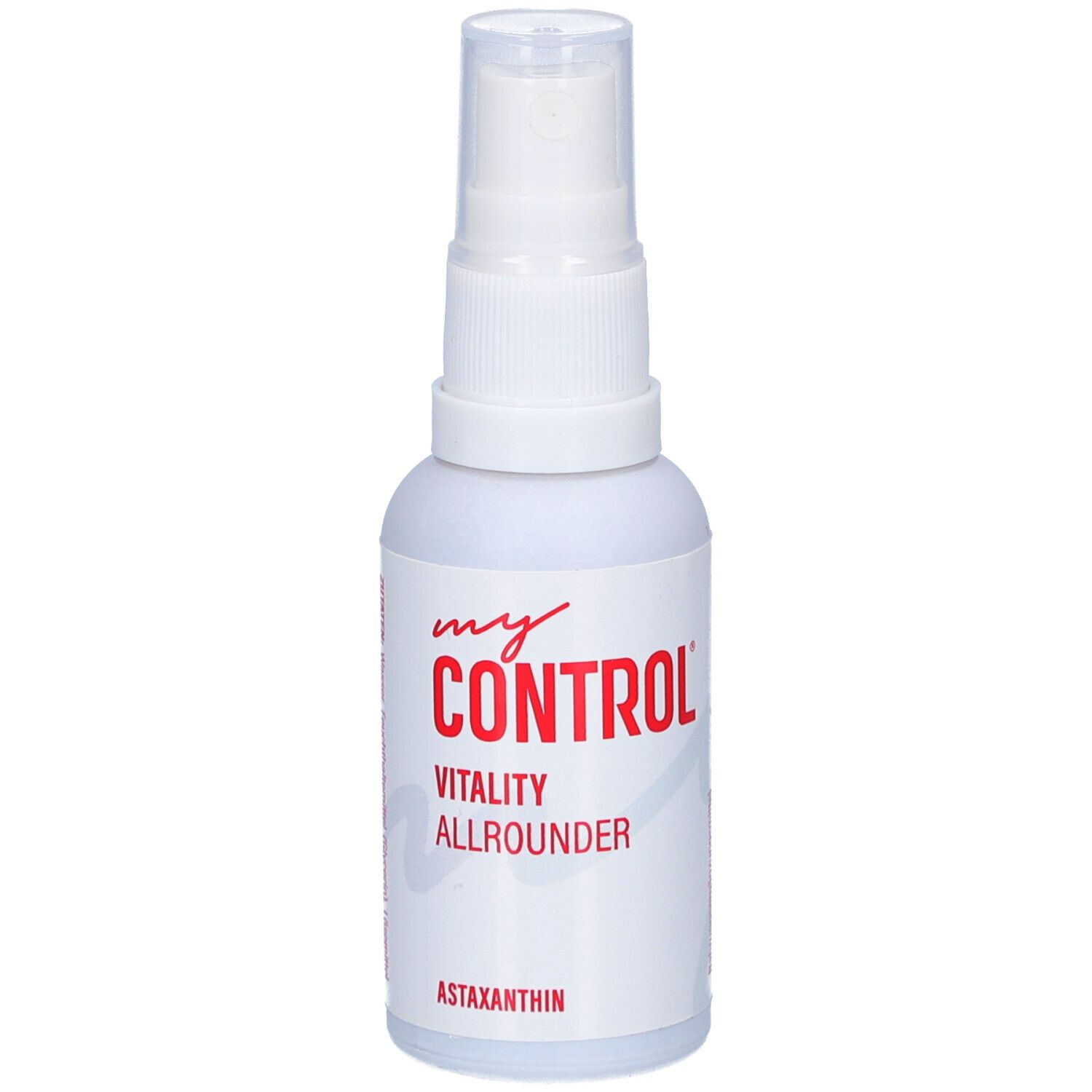 Weiße Sprühflasche mit roter Schrift. Aufschrift: my CONTROL, Vitality Allrounder, Astaxanthin.