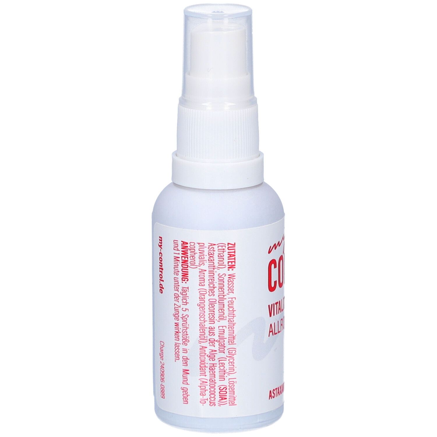 Weiße Sprühflasche mit roter Schrift. Aufschrift: my CONTROL, Vitality Allrounder, Astaxanthin. Rückseite mit Inhaltsstoffen.