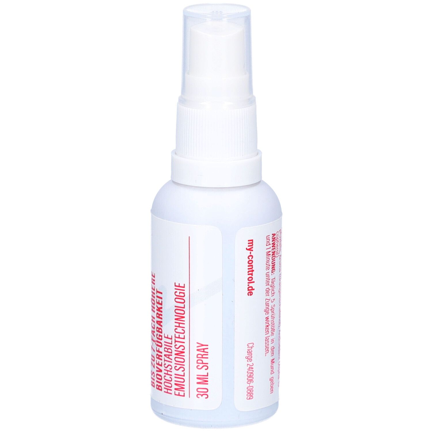 Weiße Sprühflasche mit roter Schrift. Aufschrift: my CONTROL, 30 ml Spray. Rückseite mit Text.