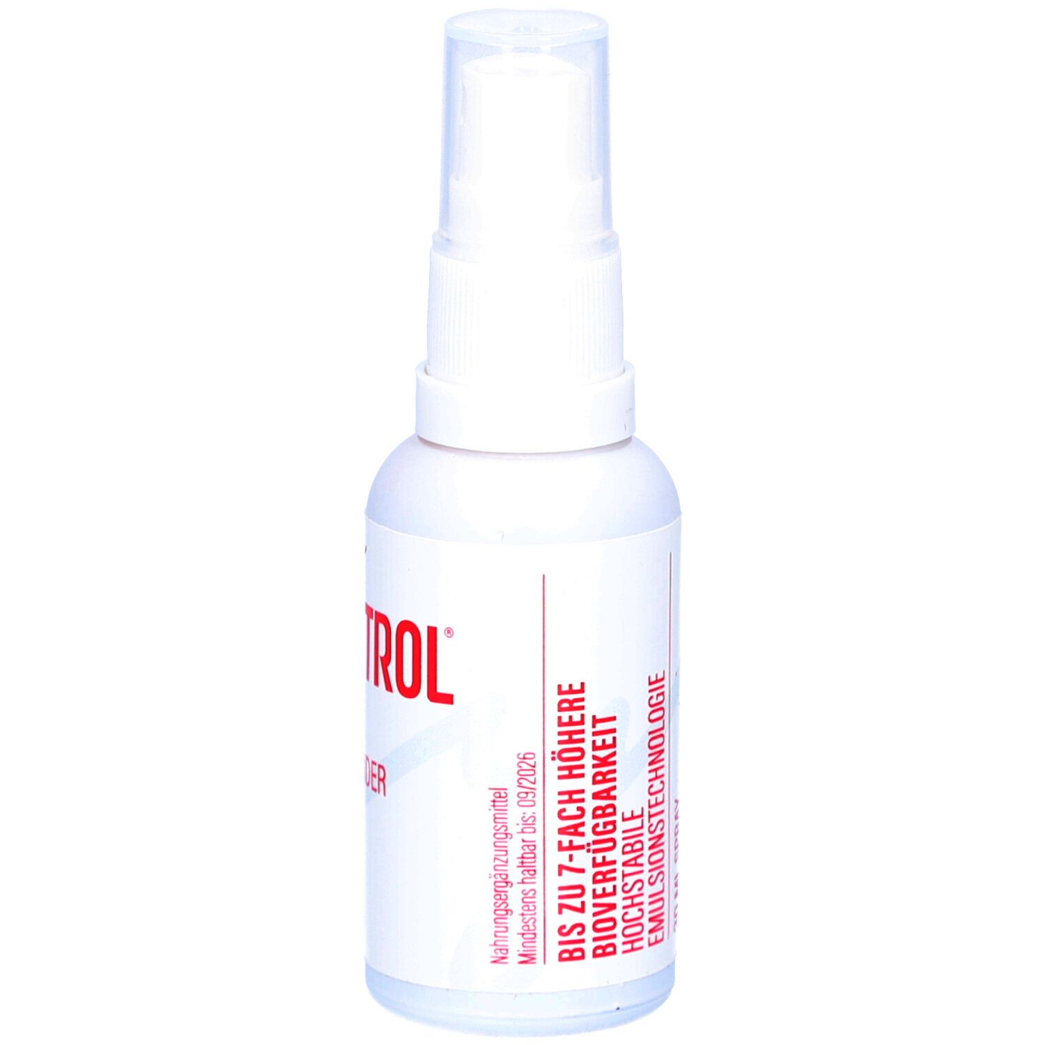 Weiße Sprühflasche mit roter Schrift. Aufschrift: my CONTROL, 30 ml Spray. Rückseite mit Text.