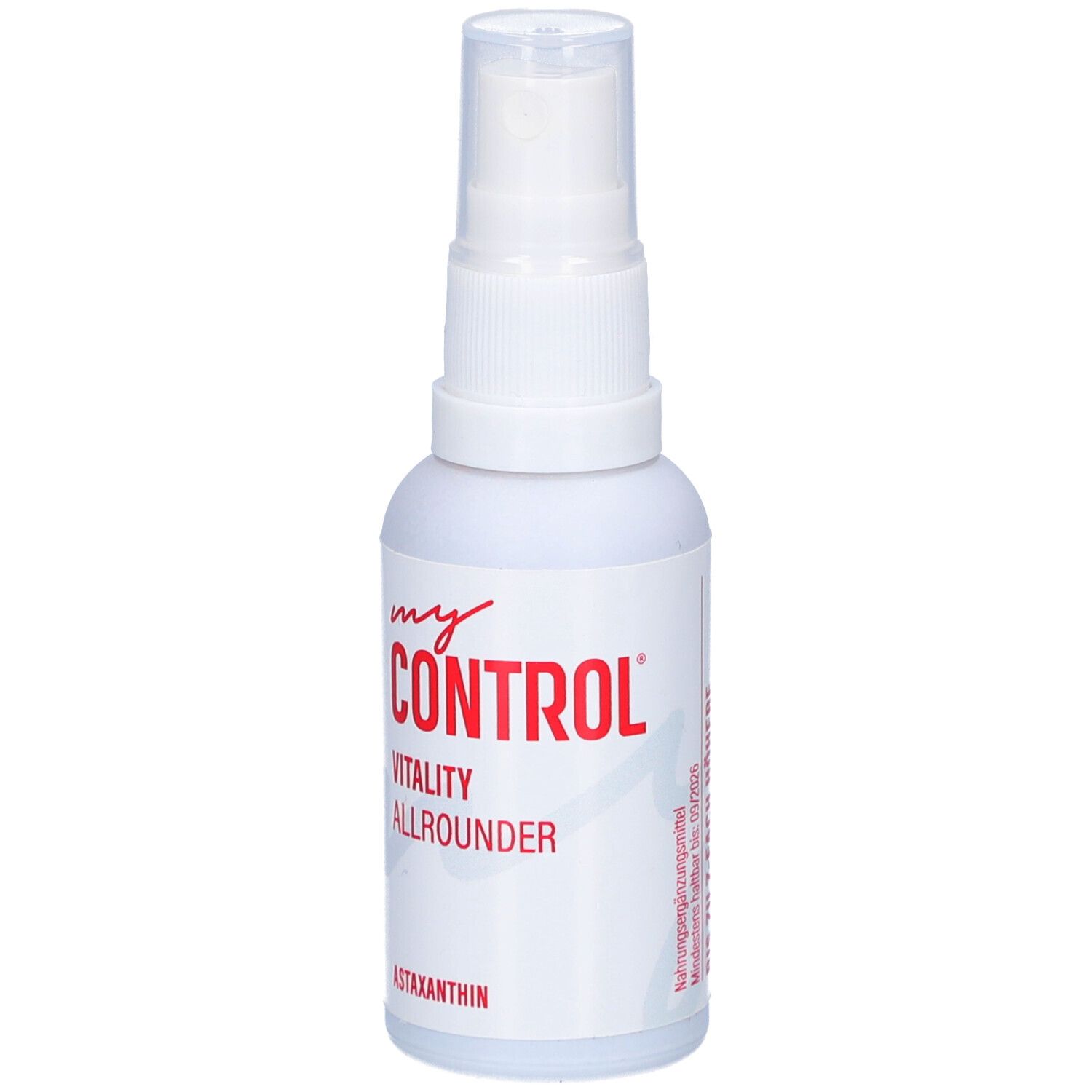 Weiße Sprühflasche mit roter Schrift. Aufschrift: my CONTROL, Vitality Allrounder, Astaxanthin.