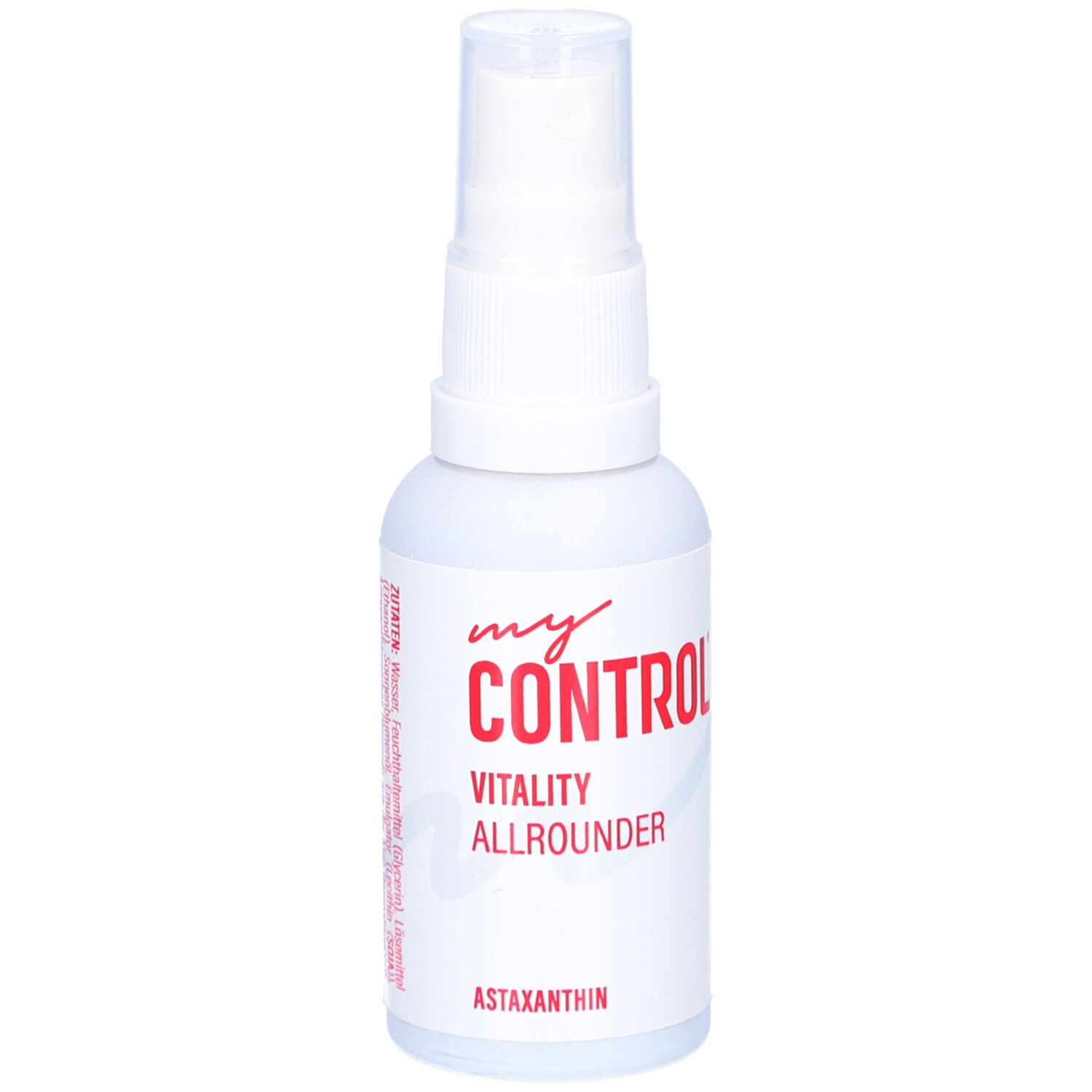 Weiße Sprühflasche mit roter Schrift. Aufschrift: my CONTROL, Vitality Allrounder, Astaxanthin.