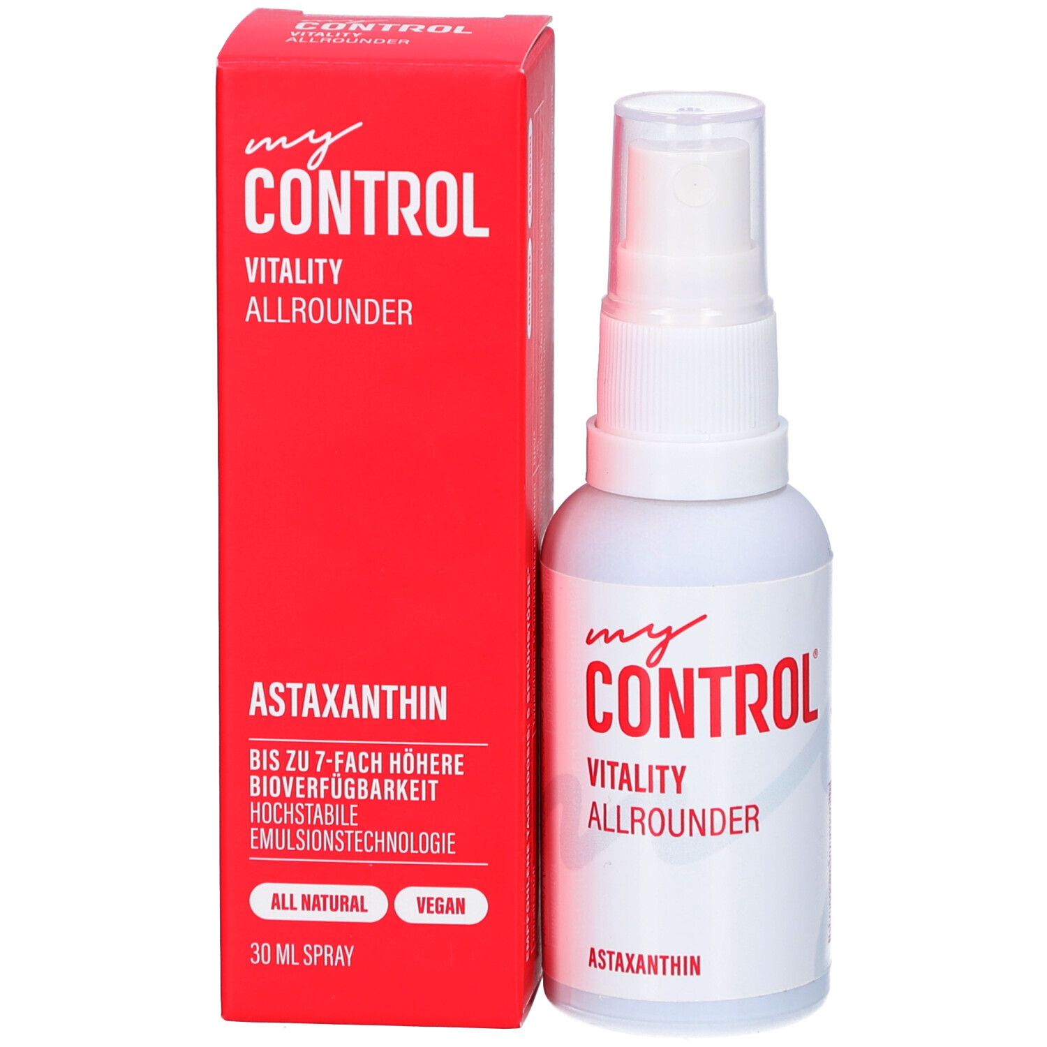 Produktverpackung mit Sprühflasche. Rote Schachtel mit weißer Schrift. Aufschrift: my CONTROL, Vitality Allrounder, Astaxanthin.