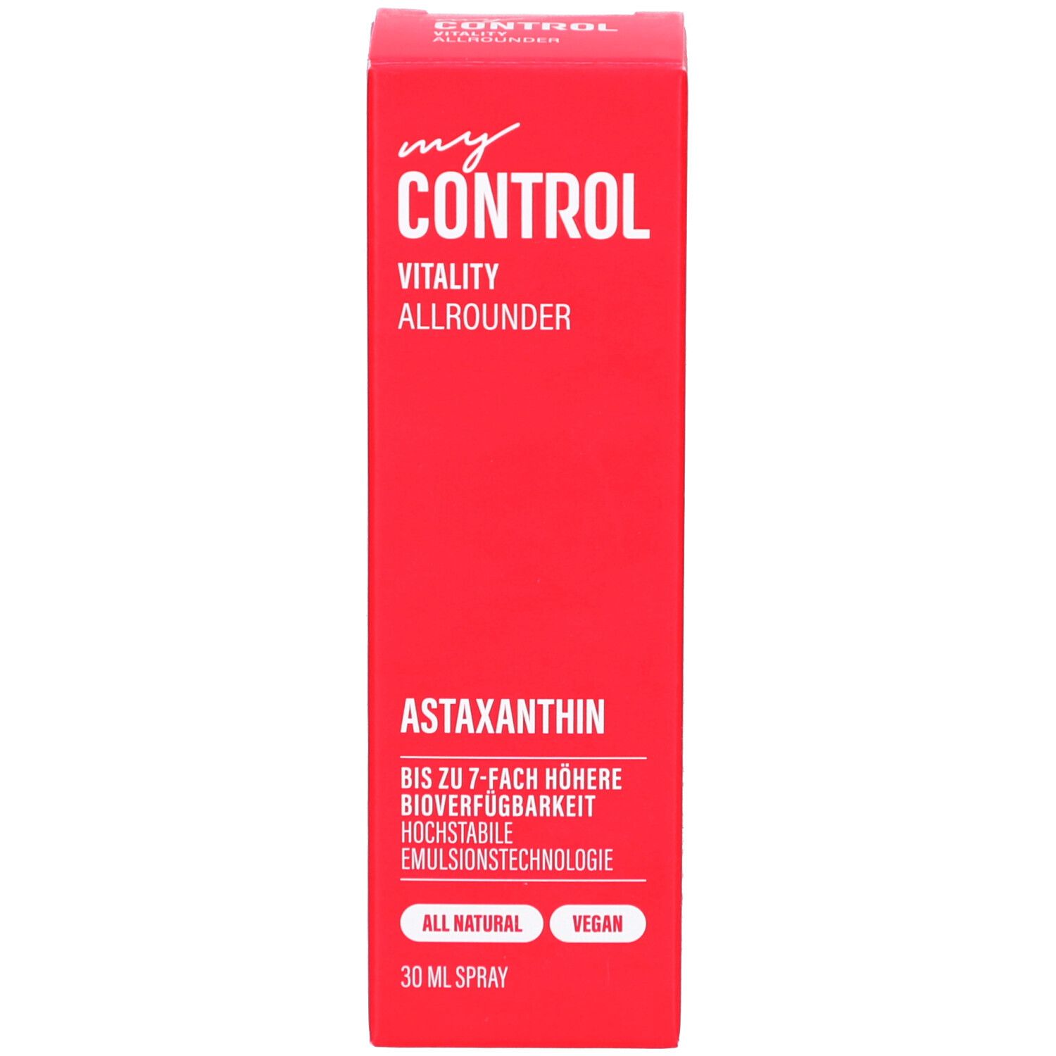 Rote Produktverpackung. Aufschrift: my CONTROL, Vitality Allrounder, Astaxanthin, 30 ml Spray.