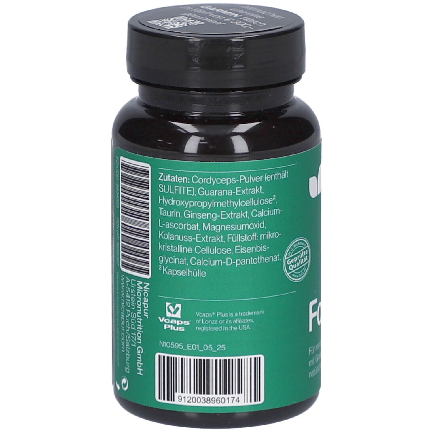 Rückseite der grünen Flasche mit schwarzen Deckel. Zutatenliste und Barcode. Marke: nicapur, Focus+.