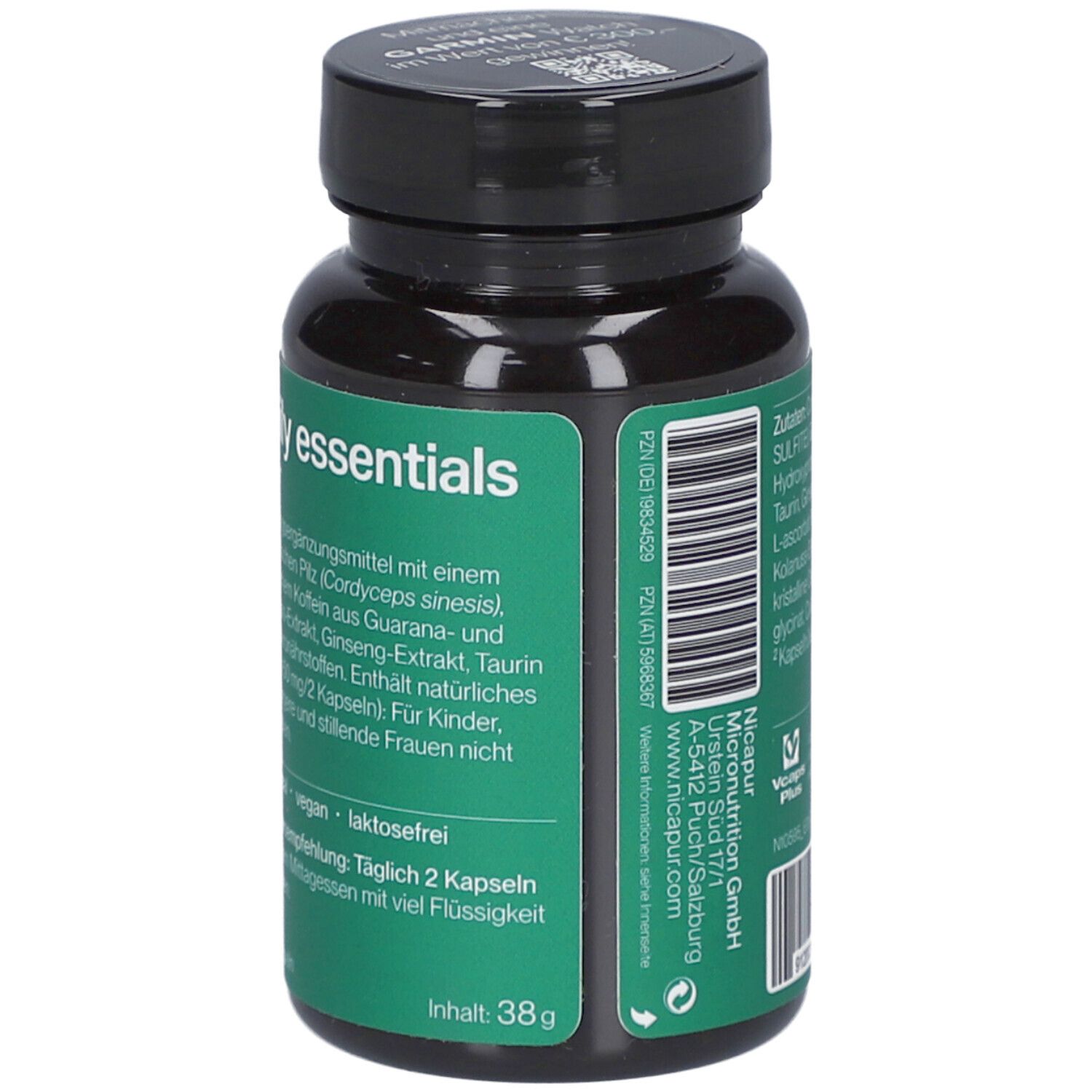 Grüne Flasche mit schwarzem Deckel. Aufschrift: daily essentials. Inhalt: 38g. Marke: nicapur.