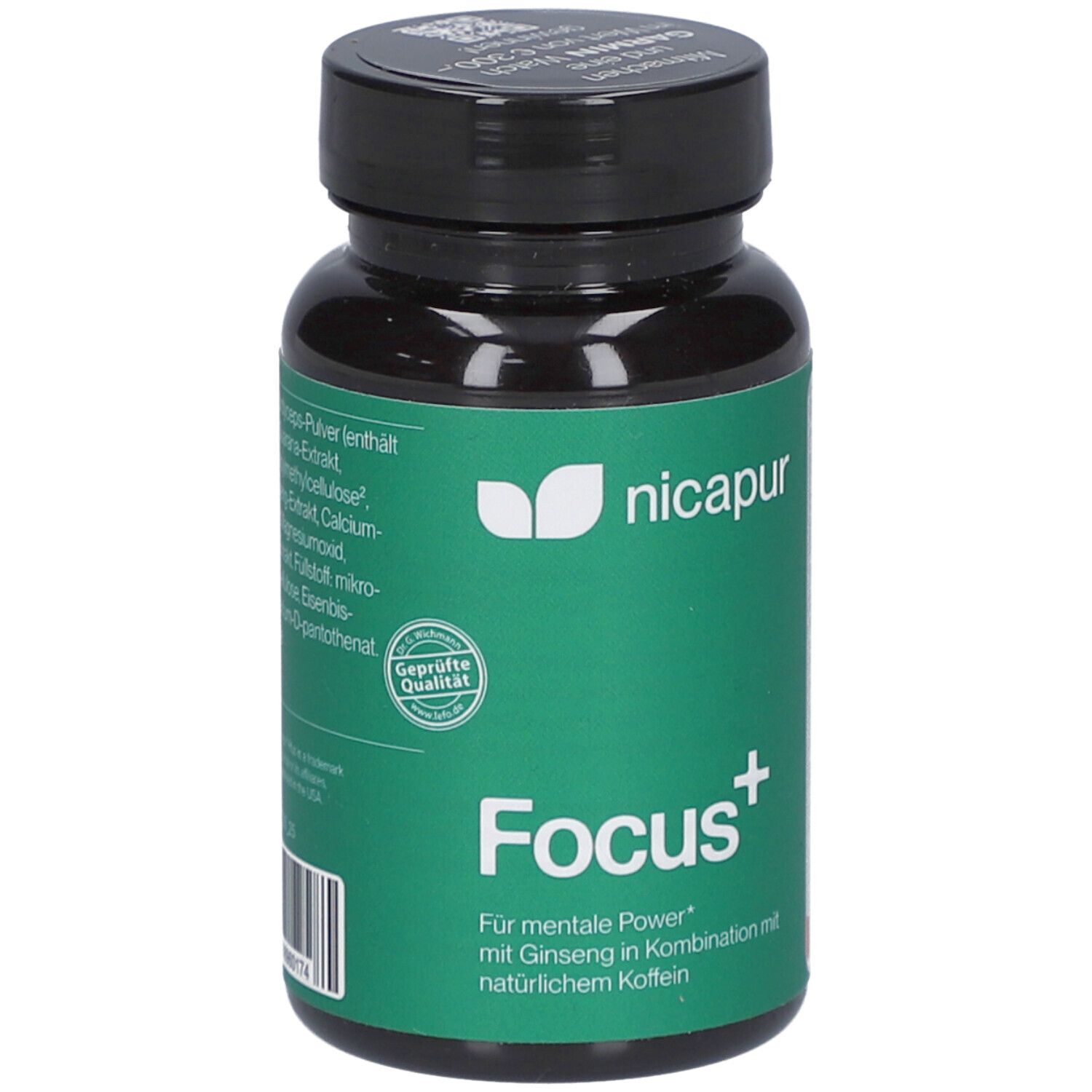 Grüne Flasche mit schwarzem Deckel. Aufschrift: nicapur, Focus+. Geprüfte Qualität.