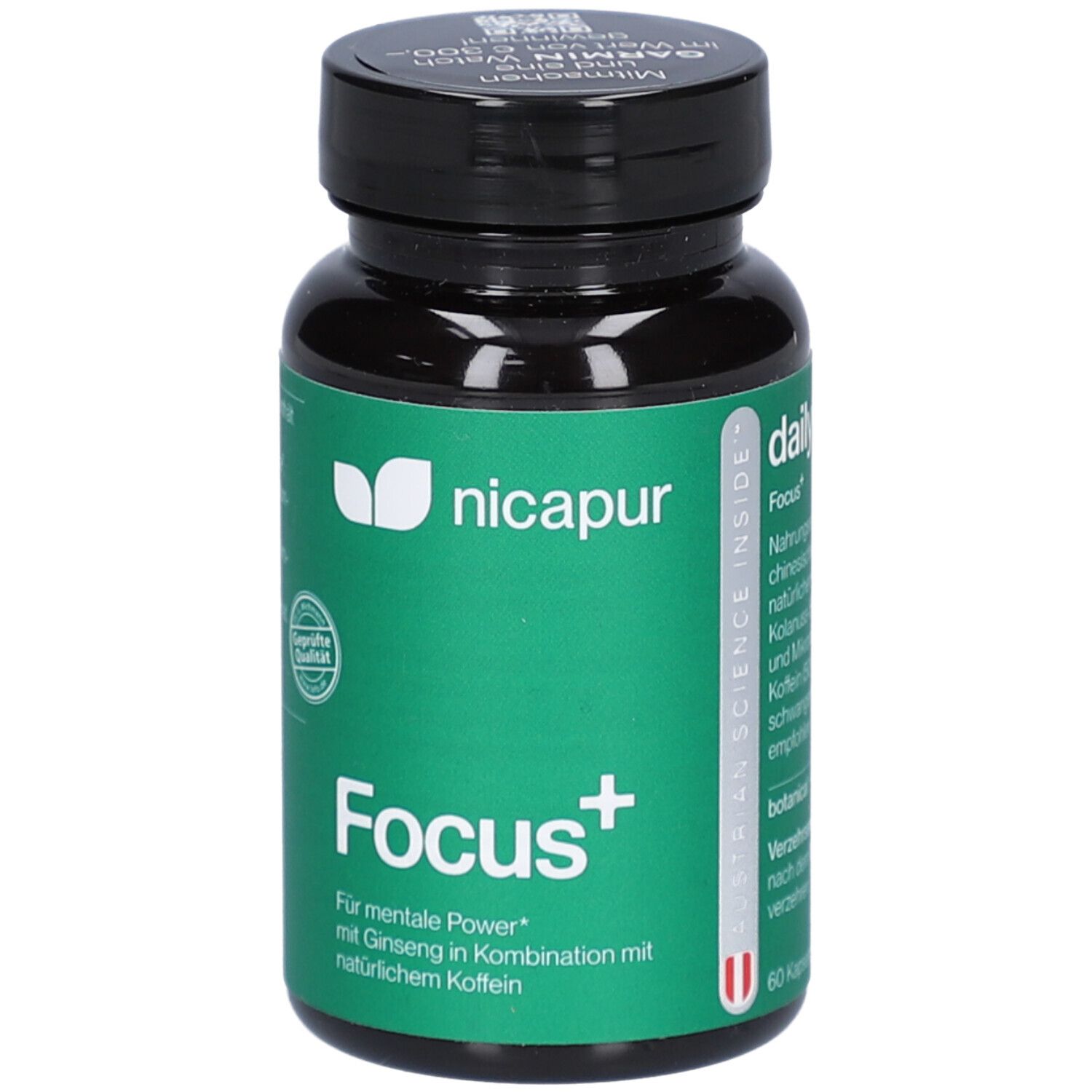 Grüne Flasche mit schwarzem Deckel. Aufschrift: nicapur, Focus+. Enthält 60 Kapseln. U-Logo.