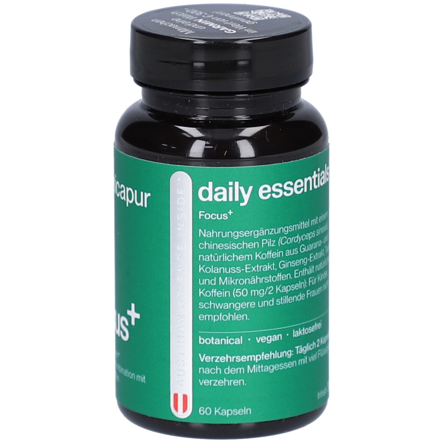 Grüne Flasche mit schwarzem Deckel. Aufschrift: nicapur, daily essentials, Focus+. Enthält 60 Kapseln.