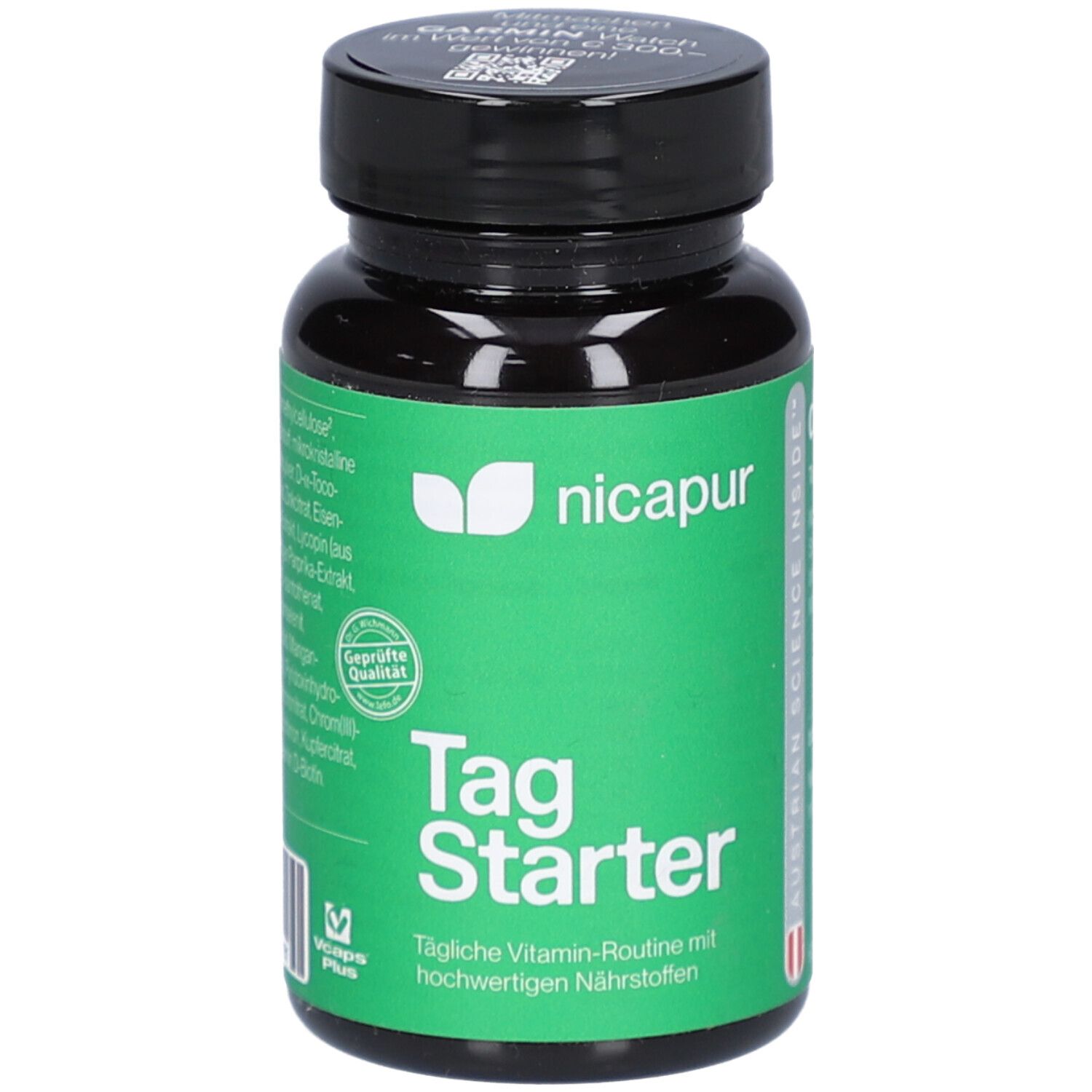 Grüne Flasche mit schwarzem Deckel. Aufschrift: nicapur, Tag Starter. Enthält Vitamin-Routine mit Nährstoffen. Siegel: Geprüfte Qualität.