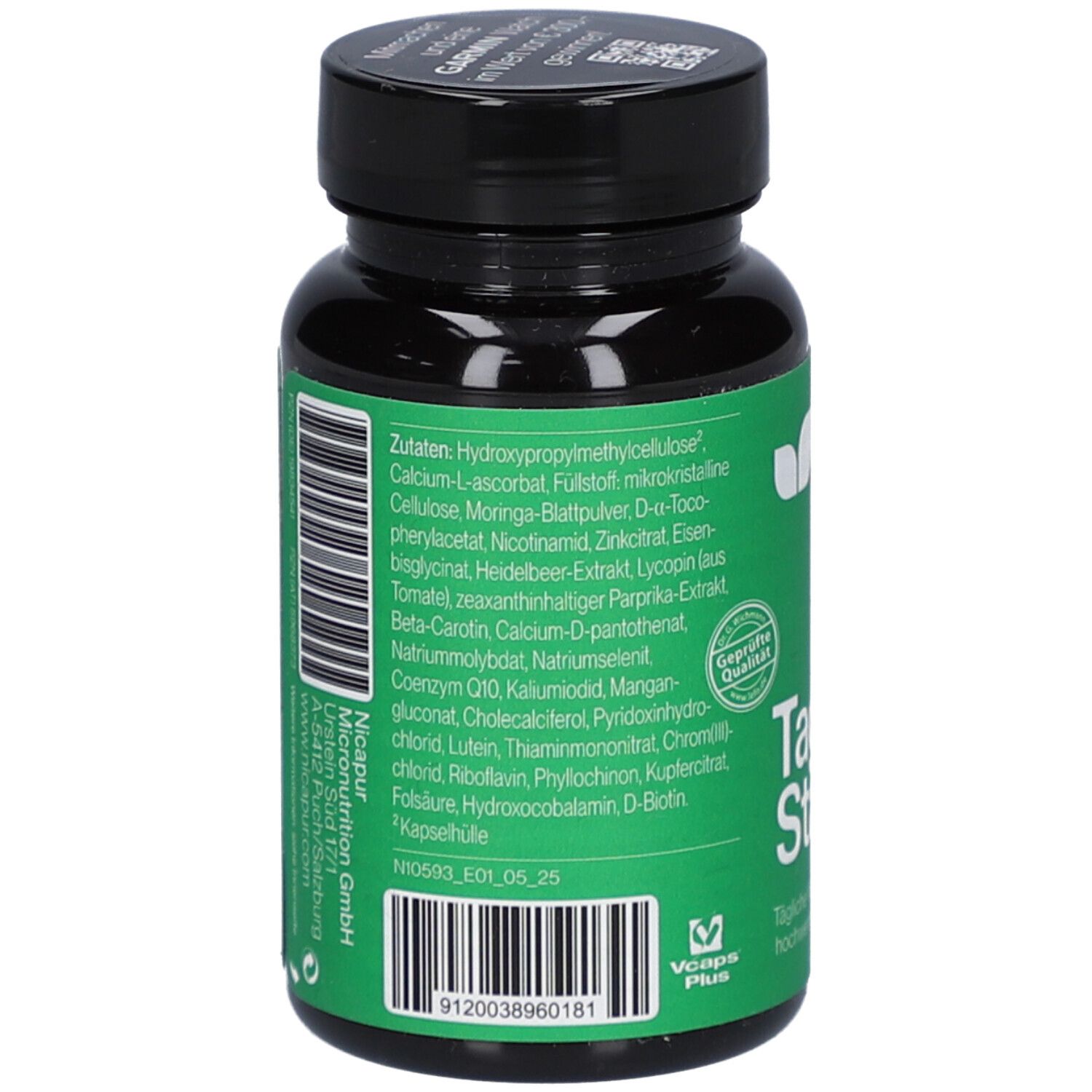 Rückseite einer grünen Flasche mit schwarzen Deckel. Enthält Zutatenliste. Aufschrift: Tag Starter. Siegel: Geprüfte Qualität. Barcode.