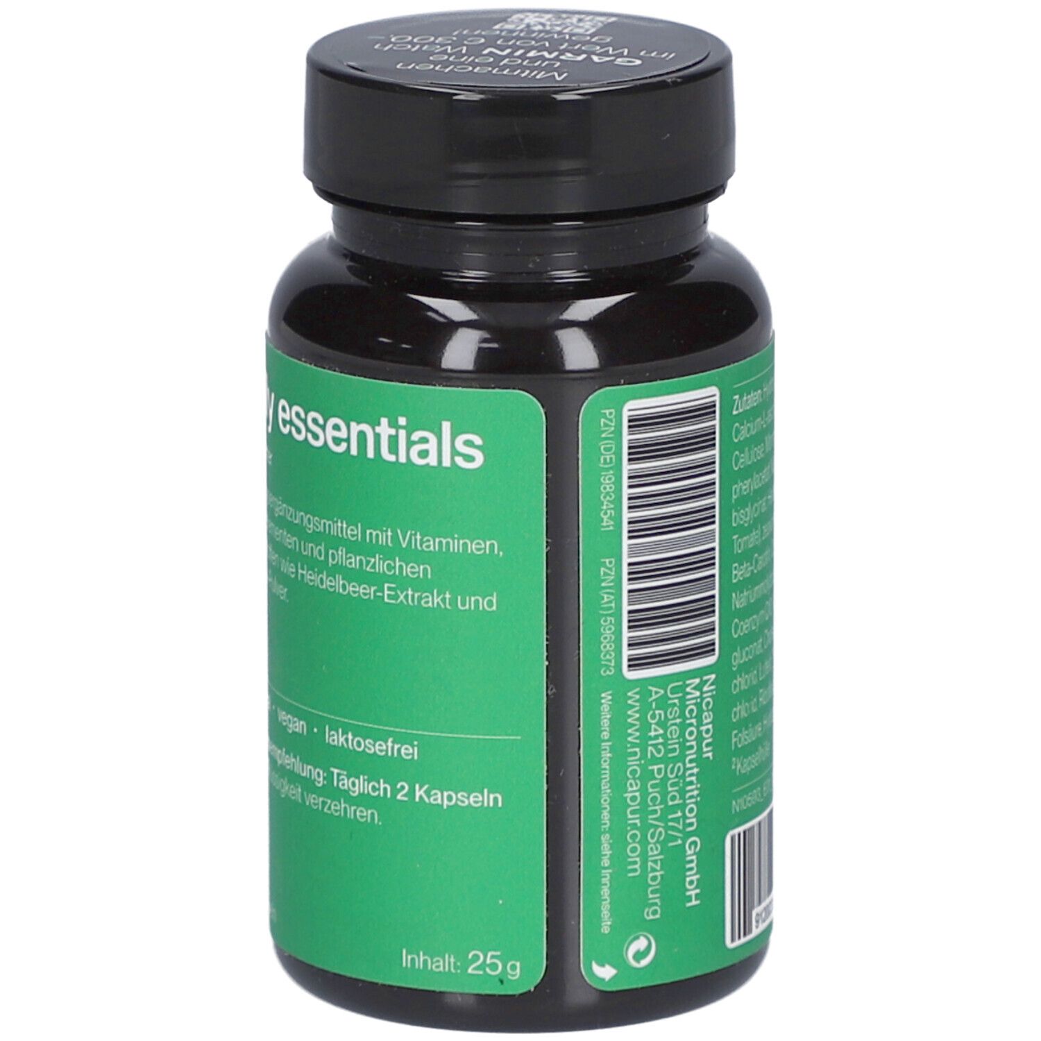 Grüne Flasche mit schwarzem Deckel. Aufschrift: nicapur essentials. Enthält Nahrungsergänzungsmittel. Vegan, laktosefrei. Inhalt: 25g.