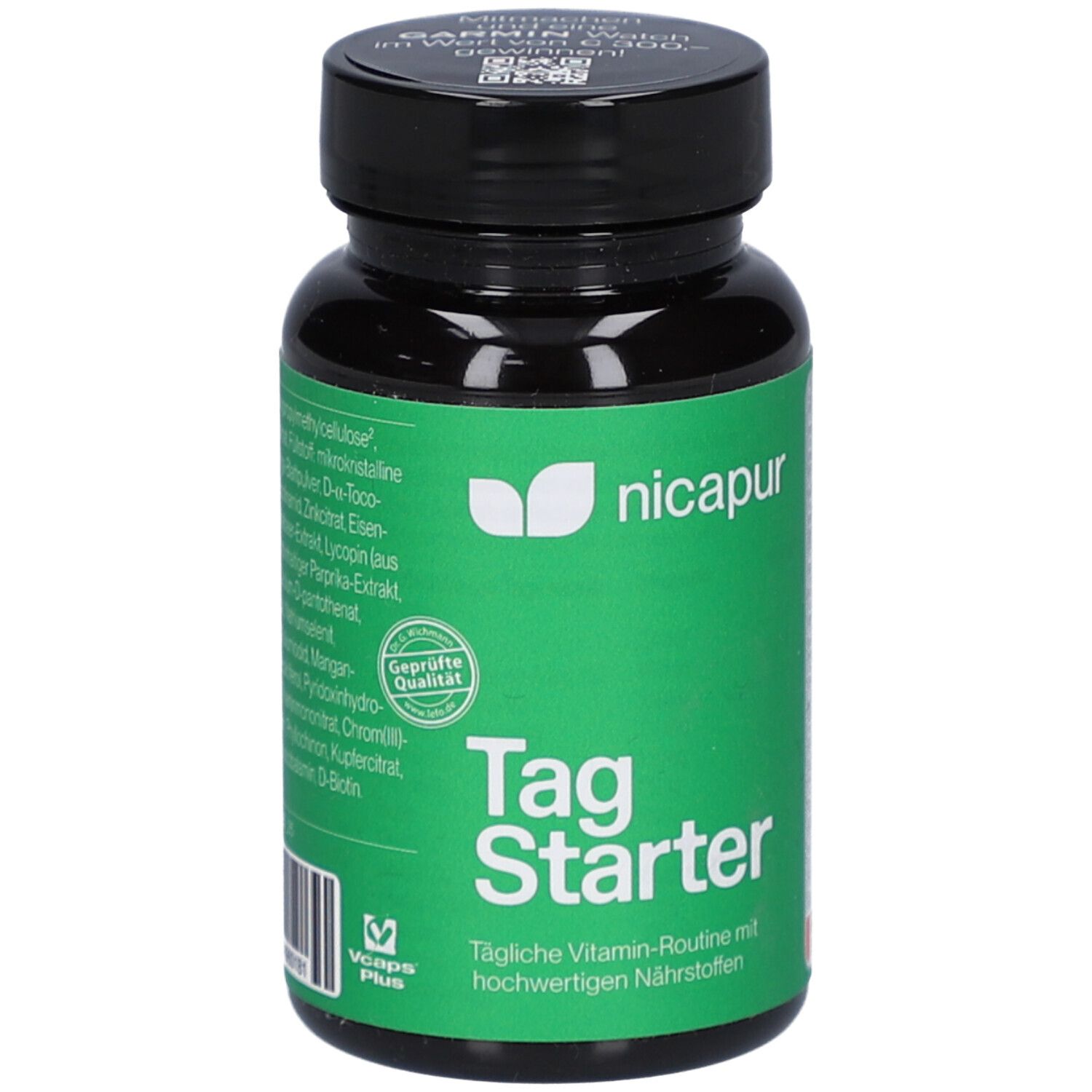 Grüne Flasche mit schwarzem Deckel. Aufschrift: nicapur, Tag Starter. Enthält Vitamin-Routine mit Nährstoffen. Siegel: Geprüfte Qualität.