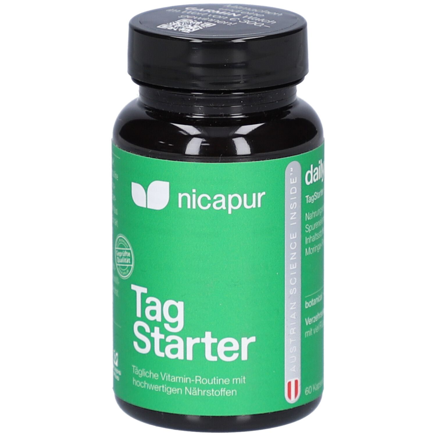 Grüne Flasche mit schwarzem Deckel. Aufschrift: nicapur, Tag Starter. Enthält 60 Kapseln. Siegel: Geprüfte Qualität. Austrian Science Inside.