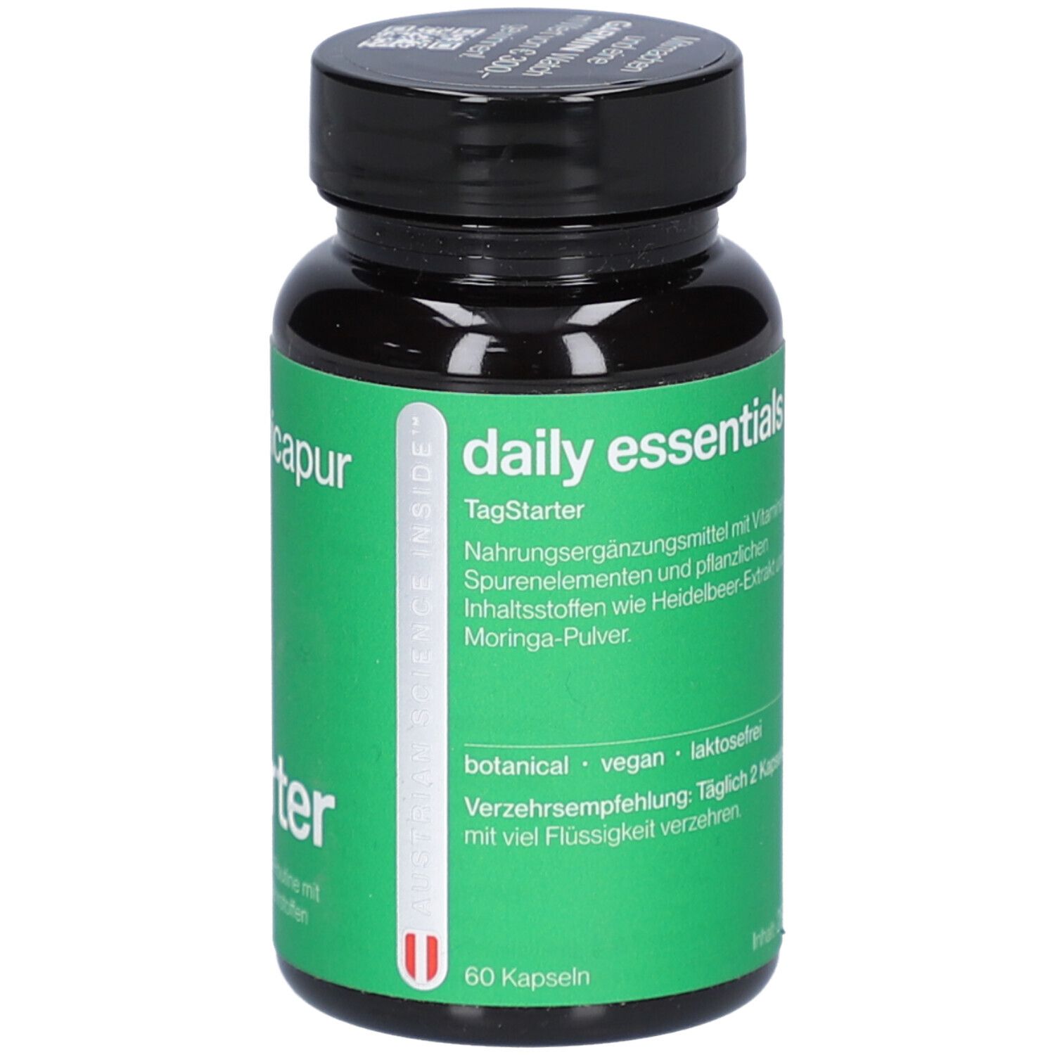 Grüne Flasche mit schwarzem Deckel. Aufschrift: nicapur, daily essentials. Enthält 60 Kapseln. Vegan, laktosefrei. Austrian Science Inside.