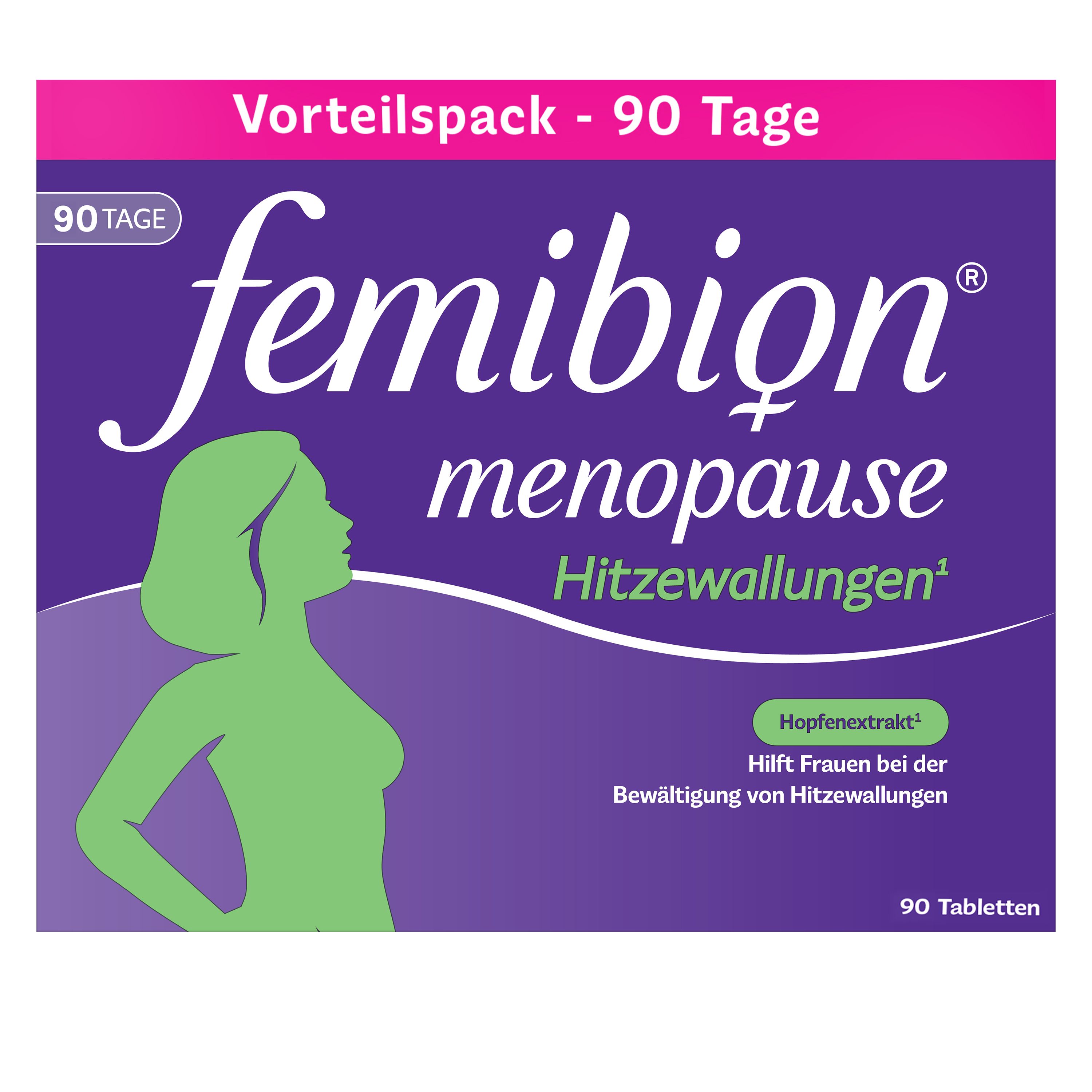 Femibion® Menopause Packung. Lila Box mit Produktnamen und Frau Silhouette. 90 Tabletten.