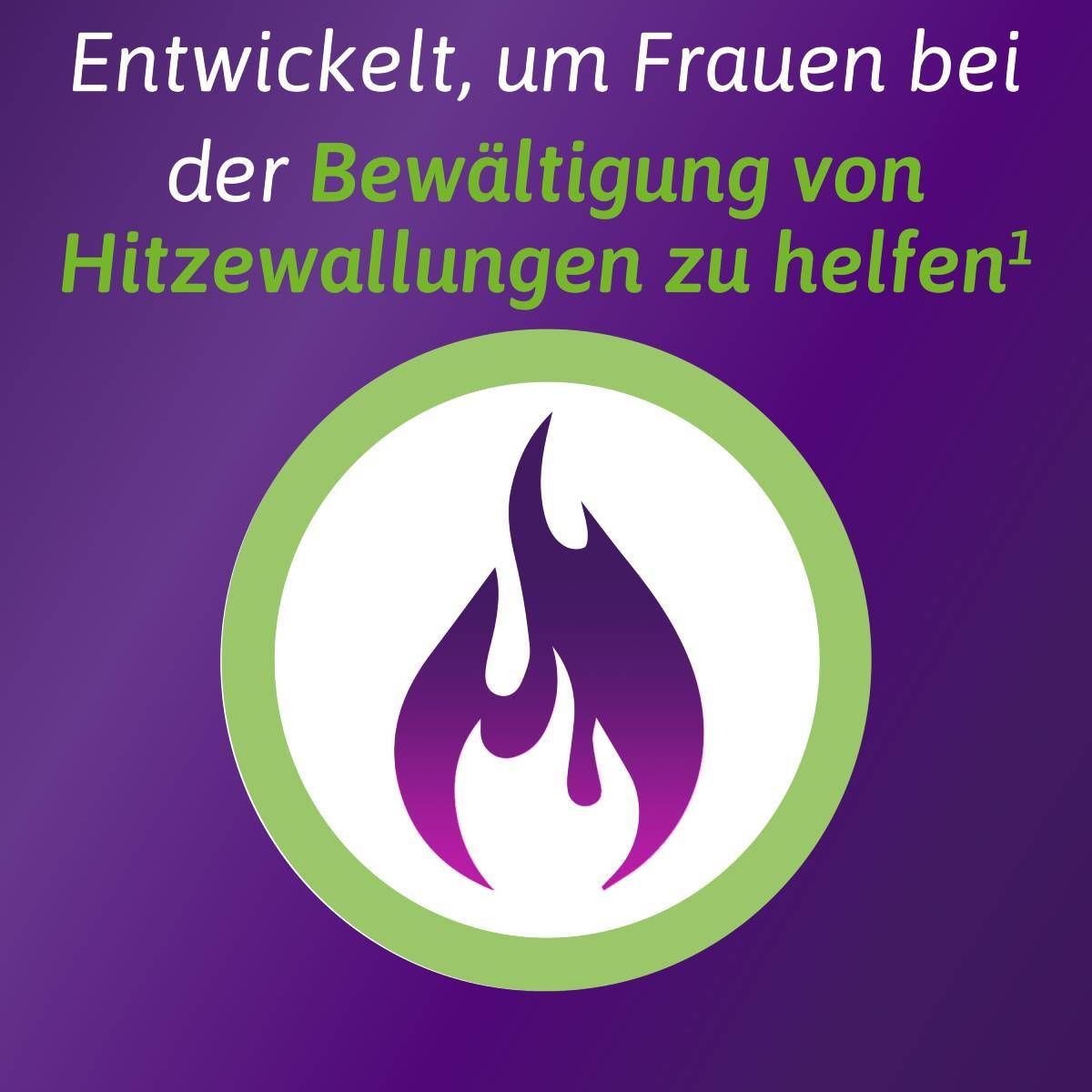 Flammen-Icon in grünem Kreis. Text: Hilft bei Hitzewallungen.
