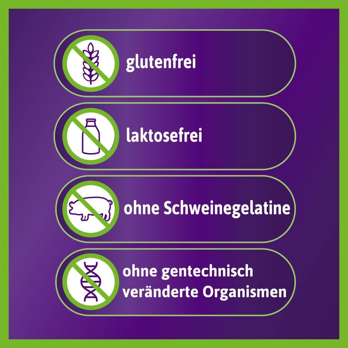 Icons: glutenfrei, laktosefrei, ohne Schweinegelatine, ohne gentechnisch veränderte Organismen.