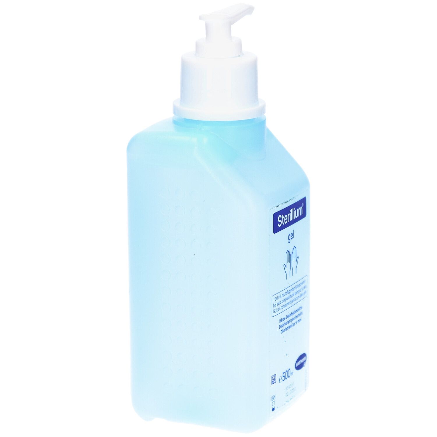 Blaue Flasche mit weißem Spender. Sterillium gel. Seitenansicht. Hartmann Logo.