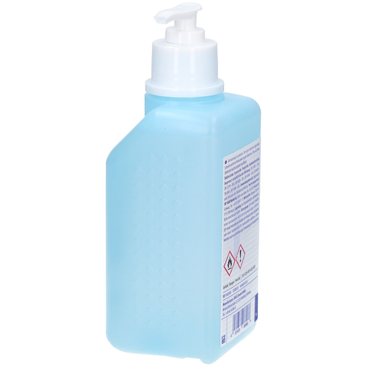 Blaue Flasche mit weißem Spender. Text und Warnhinweise. Hartmann Logo.