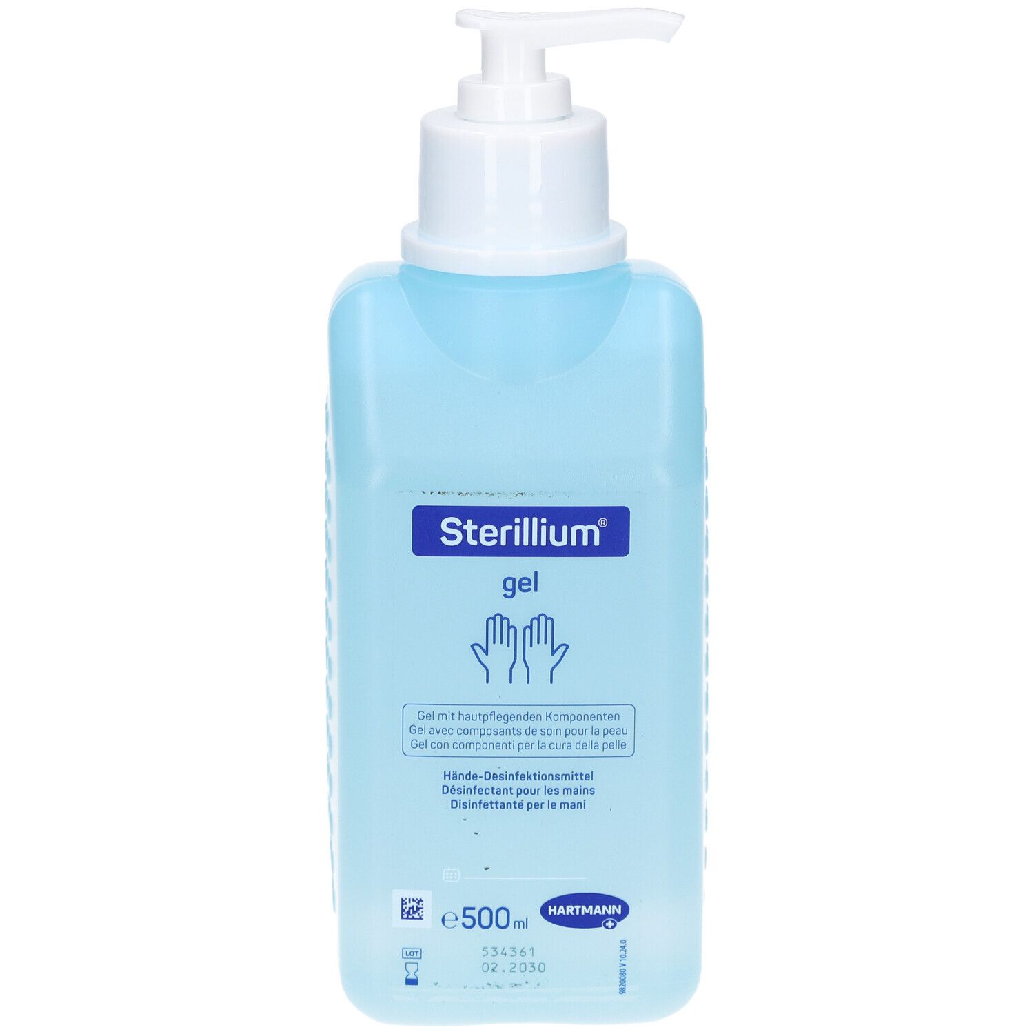 Blaue Flasche mit weißem Spender. Aufschrift: Sterillium gel. Händedesinfektionsmittel. Hartmann Logo.
