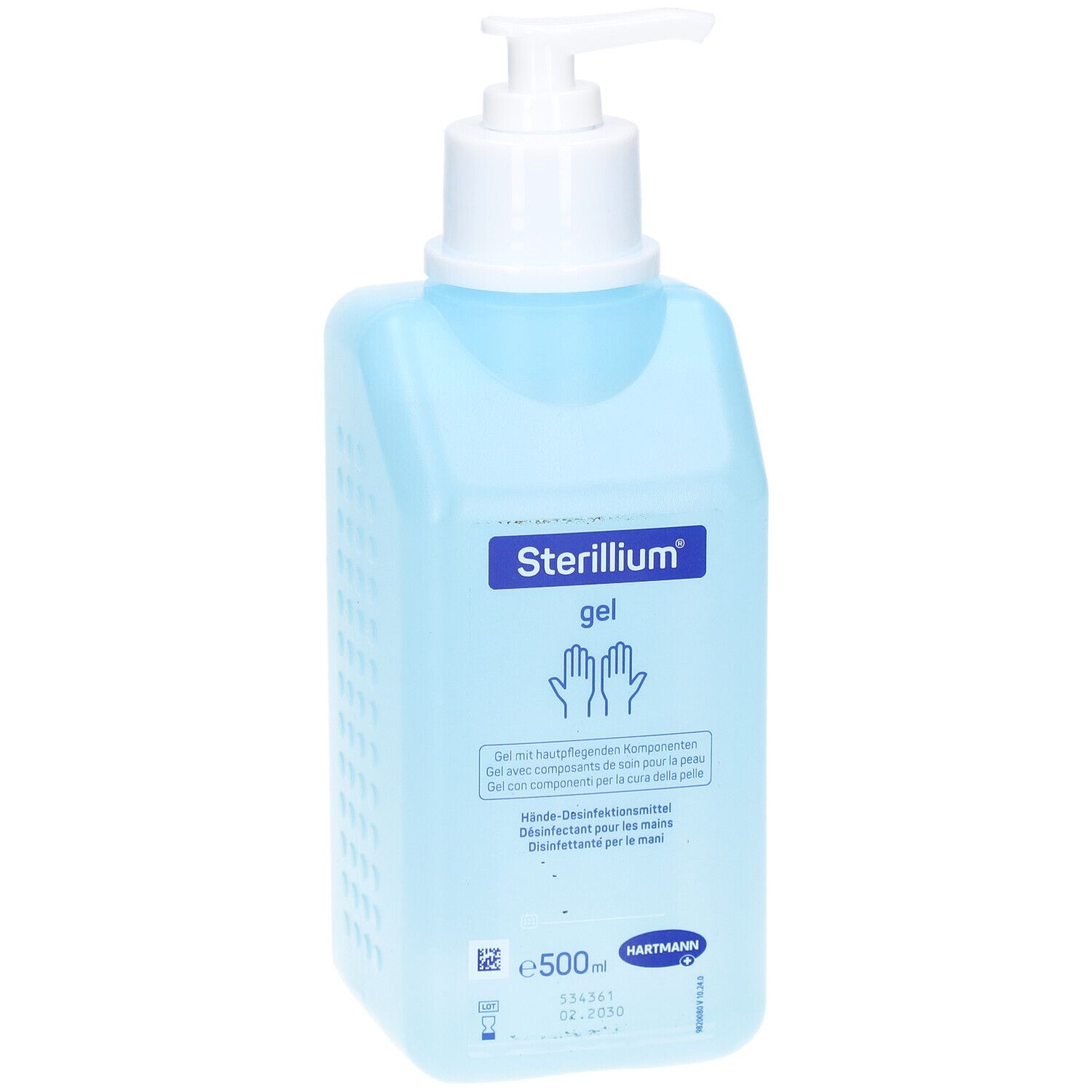 Blaue Flasche mit weißem Spender. Aufschrift: Sterillium gel. Händedesinfektionsmittel. Hartmann Logo.