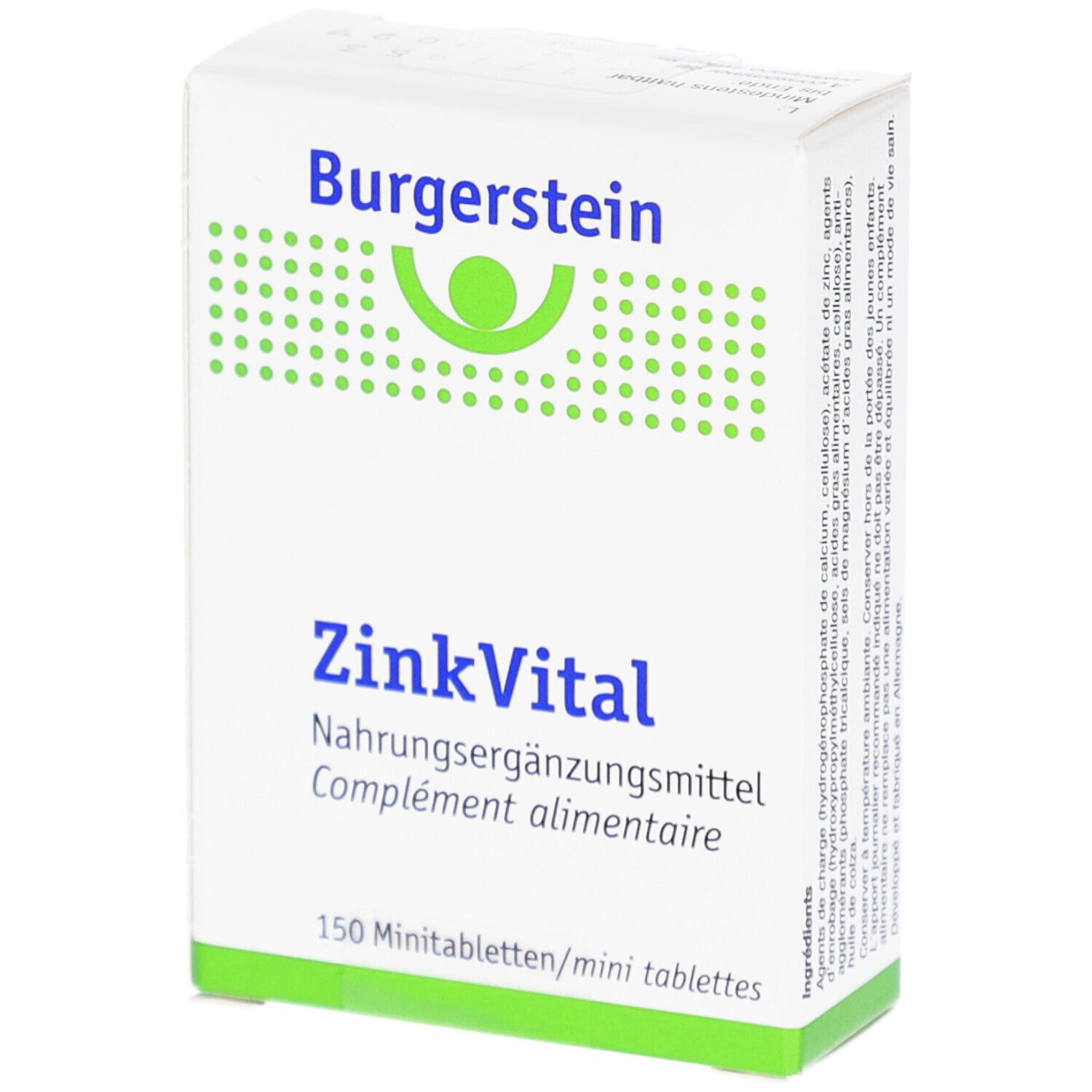 Weiße Schachtel mit "Burgerstein ZinkVital". Enthält 150 Mini-Tabletten. Grün-weiße Verpackung mit Logo.