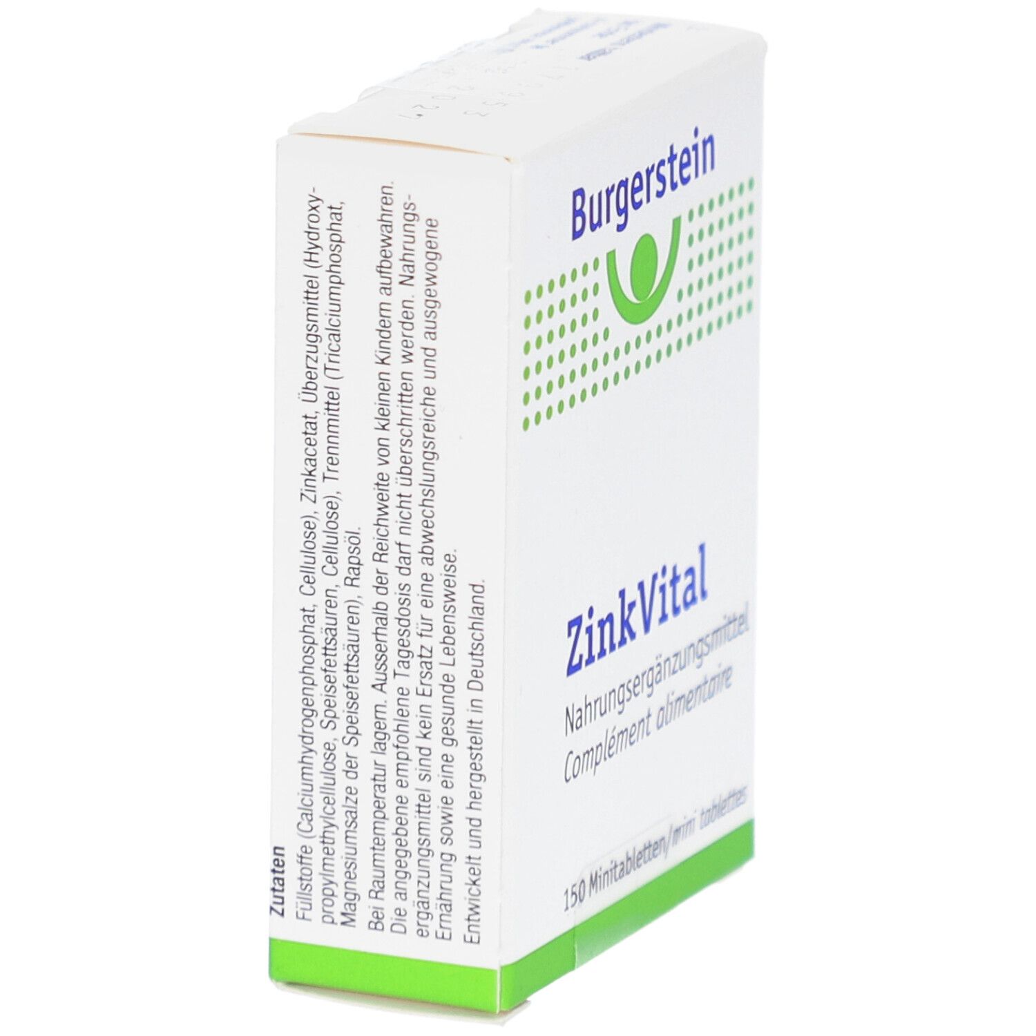 Weiße Schachtel, Seitenansicht. "Burgerstein ZinkVital" und Inhaltsstoffe sind sichtbar. Grün-weiße Verpackung.