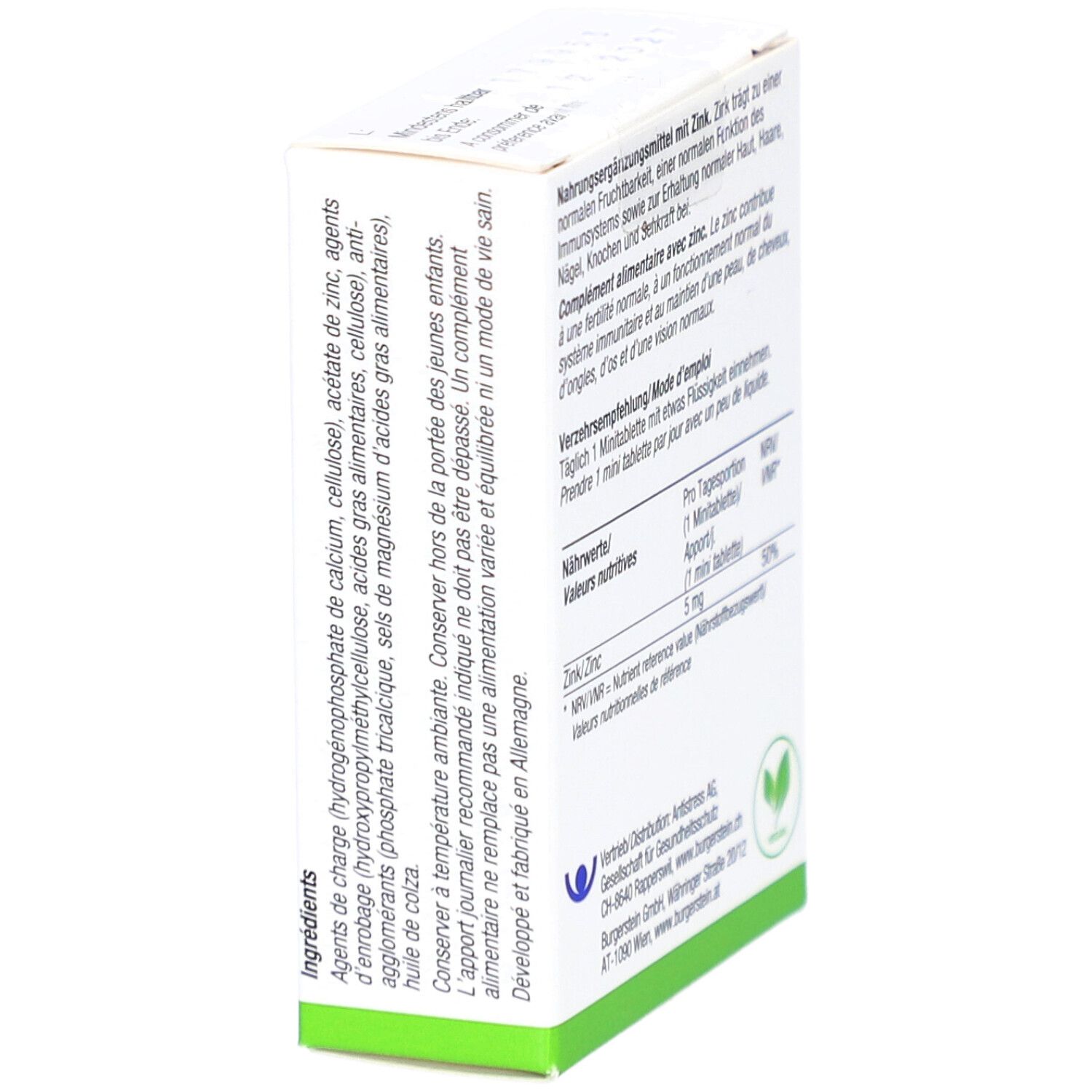 Seitenansicht der Schachtel. Inhaltsstoffe und Verzehrempfehlung. Grün-weiße Verpackung.