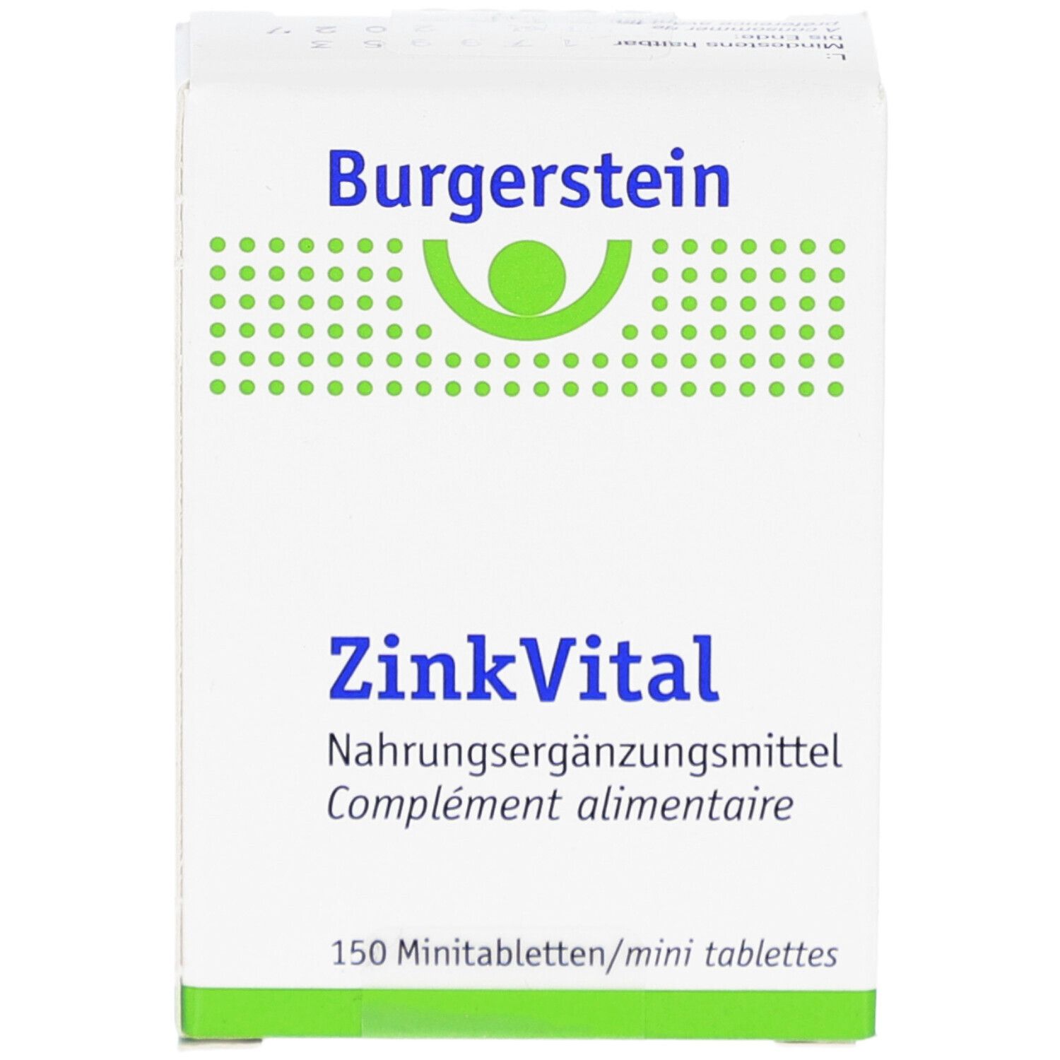 Weiße Schachtel mit "Burgerstein ZinkVital". Enthält 150 Mini-Tabletten. Grün-weiße Verpackung mit Logo.