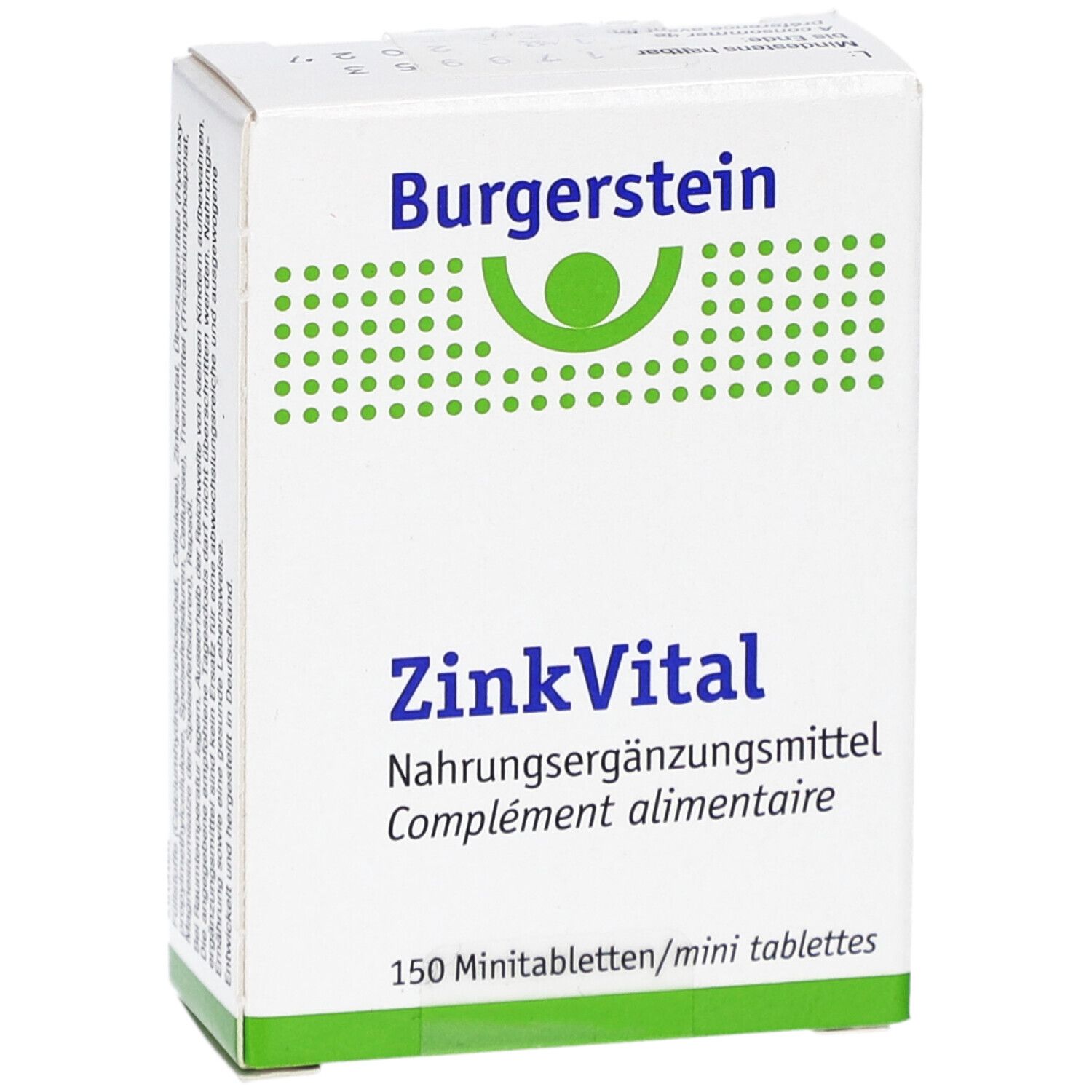 Weiße Schachtel mit "Burgerstein ZinkVital". Enthält 150 Mini-Tabletten. Grün-weiße Verpackung mit Logo.
