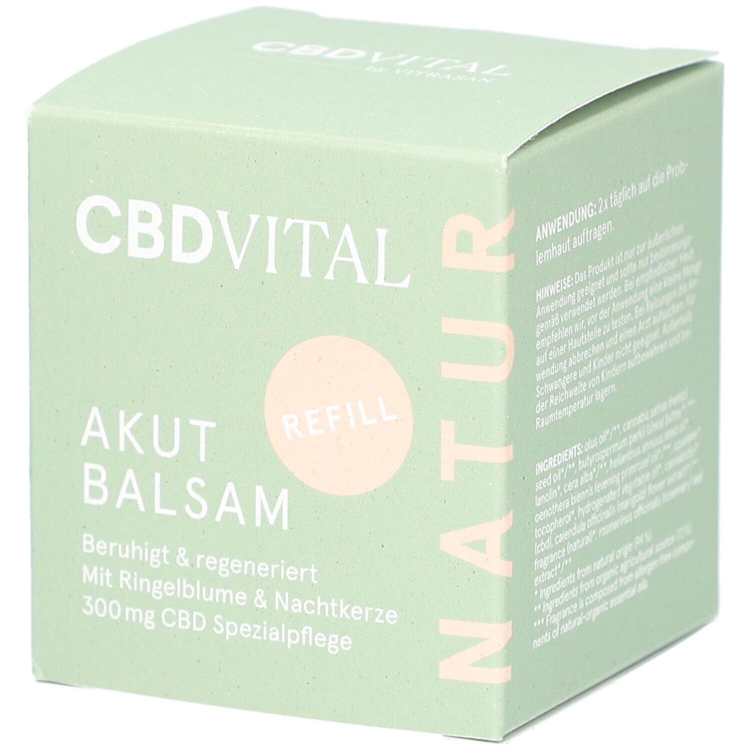 Grüne Produktverpackung mit Aufschrift CBDVITAL, AKUT BALSAM, REFILL. Text: Beruhigt & regeneriert, Ringelblume & Nachtkerze, 300mg CBD.