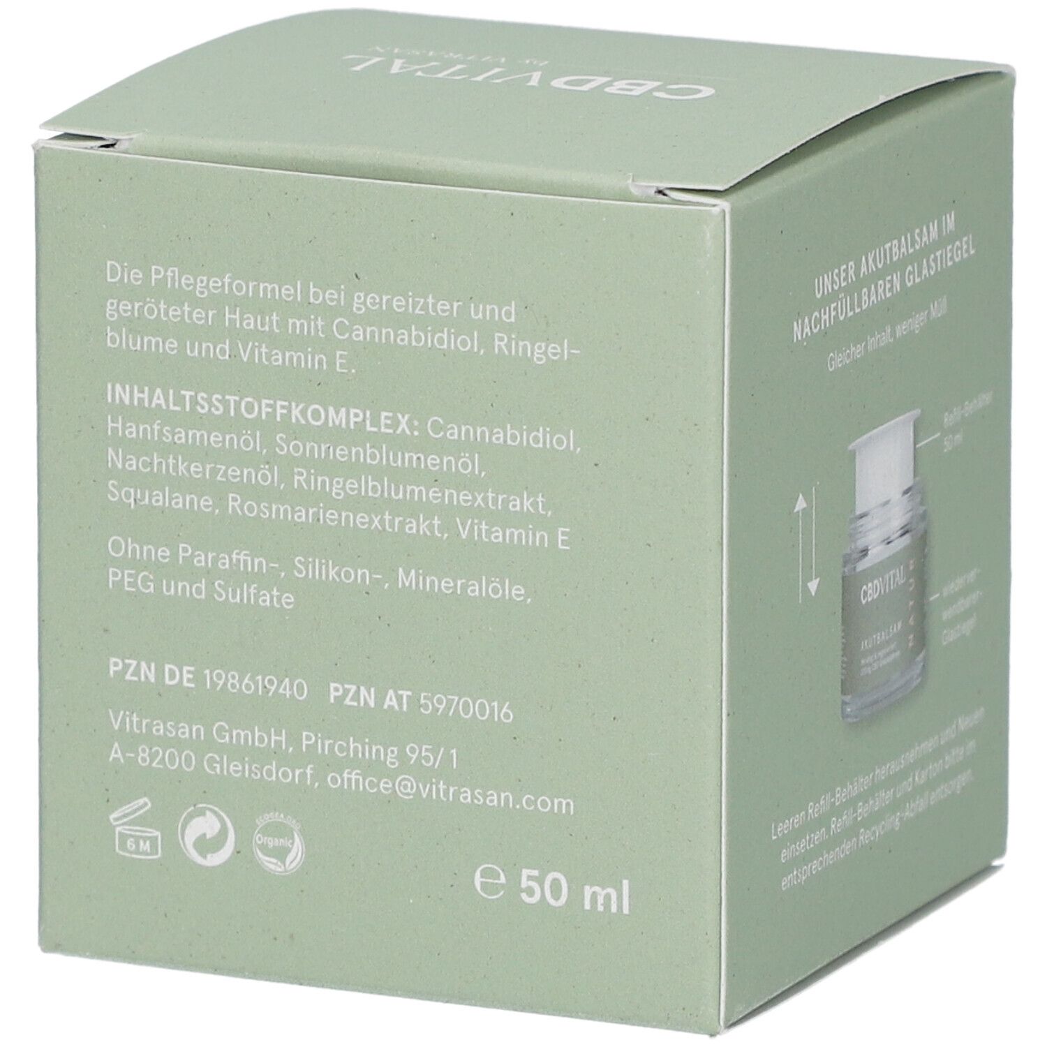 Grüne Produktverpackung mit Text. Text: Die Pflegeformel bei gereizter Haut mit Cannabidiol, Ringelblume und Vitamin E. 50 ml.