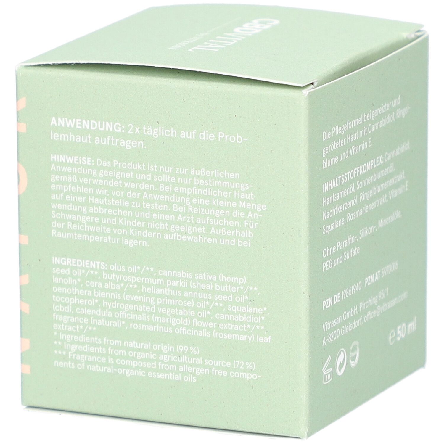 Grüne Produktverpackung mit Text. Text: Anwendung: 2x täglich auf die Problemhaut auftragen. Inhaltsstoffe.