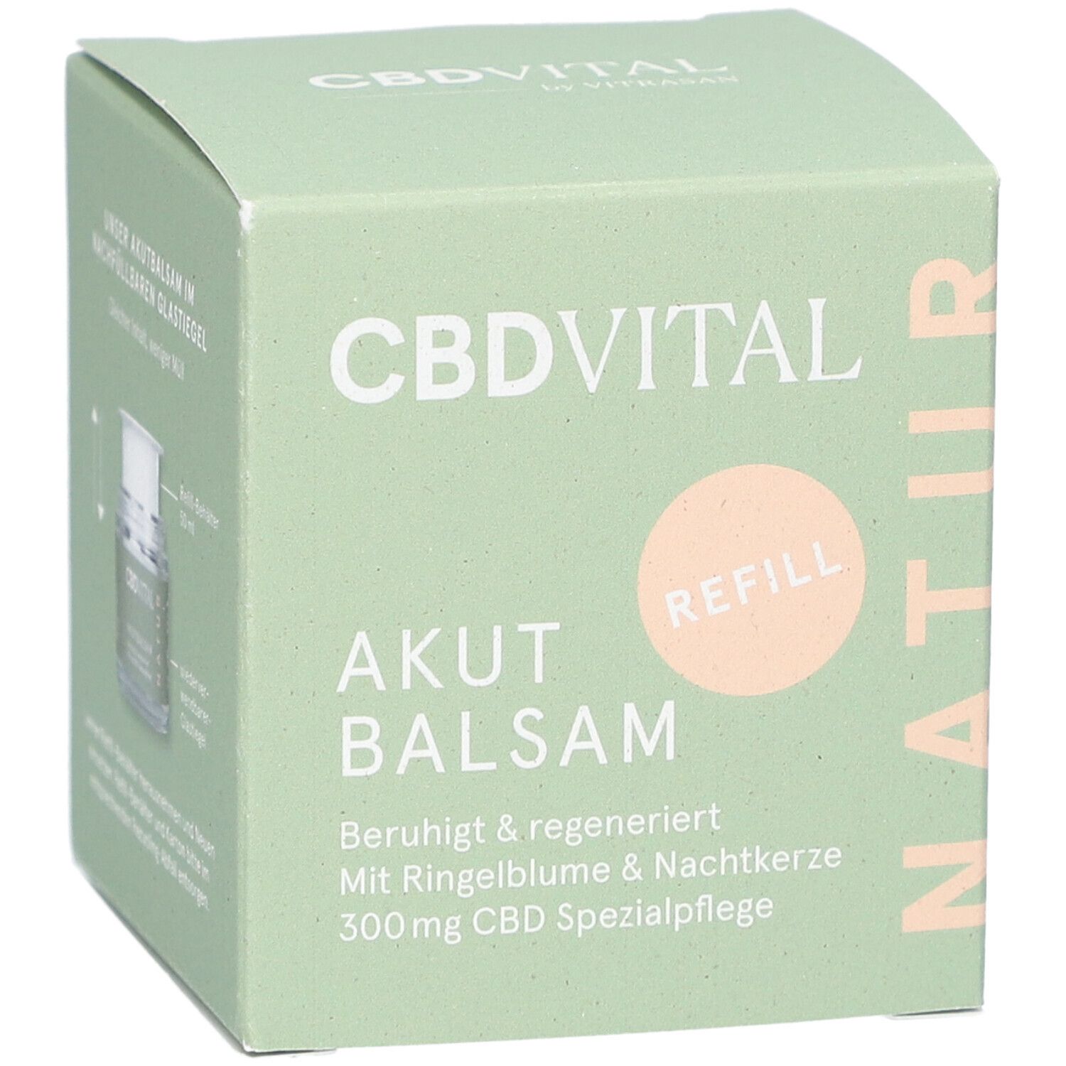 Produktverpackung mit Aufschrift CBDVITAL, AKUT BALSAM, REFILL. Text: Beruhigt & regeneriert, Ringelblume & Nachtkerze, 300mg CBD.