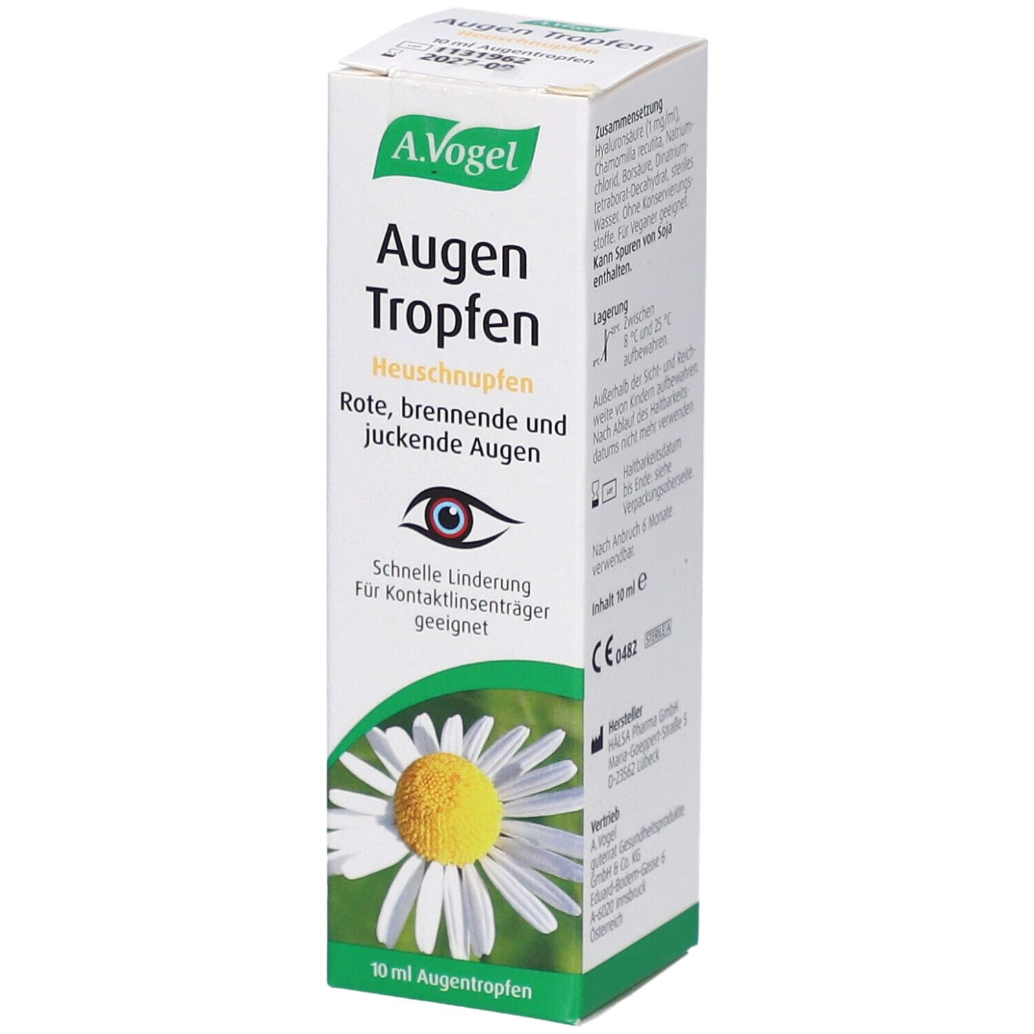 A.Vogel Augentropfen-Verpackung. Weiß, grün. Text: Augentropfen, Heuschnupfen, rote, brennende, juckende Augen. Kamillenblüte.