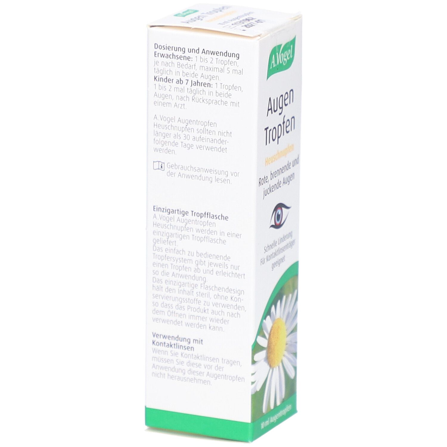 A.Vogel Augentropfen-Verpackung, Rückseite. Text: Dosierung, Anwendung, Inhaltsstoffe, Gebrauchsanweisung. Kamillenblüte.