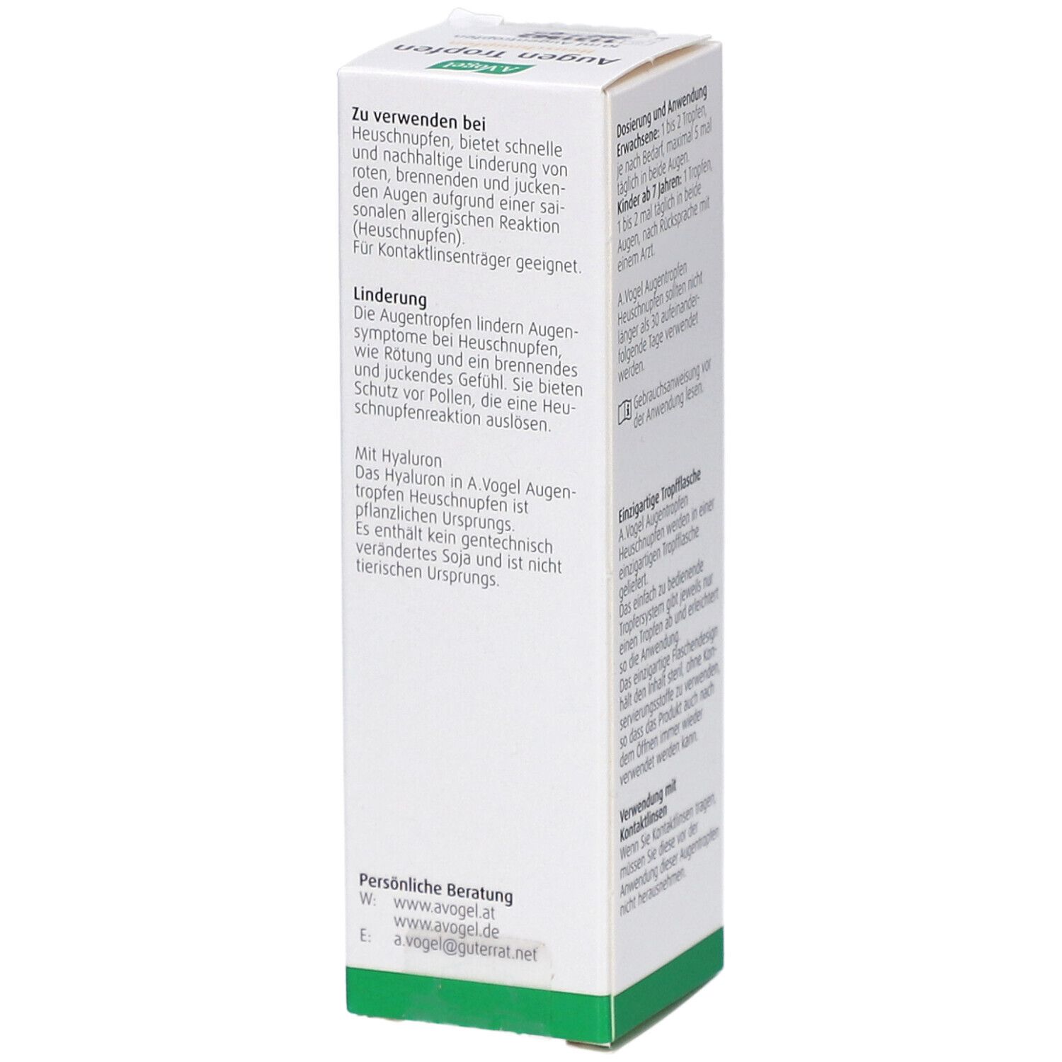 A.Vogel Augentropfen-Verpackung, Seite. Text: Anwendung bei Heuschnupfen, Linderung, Kontaktlinsen. Grün, weiß.